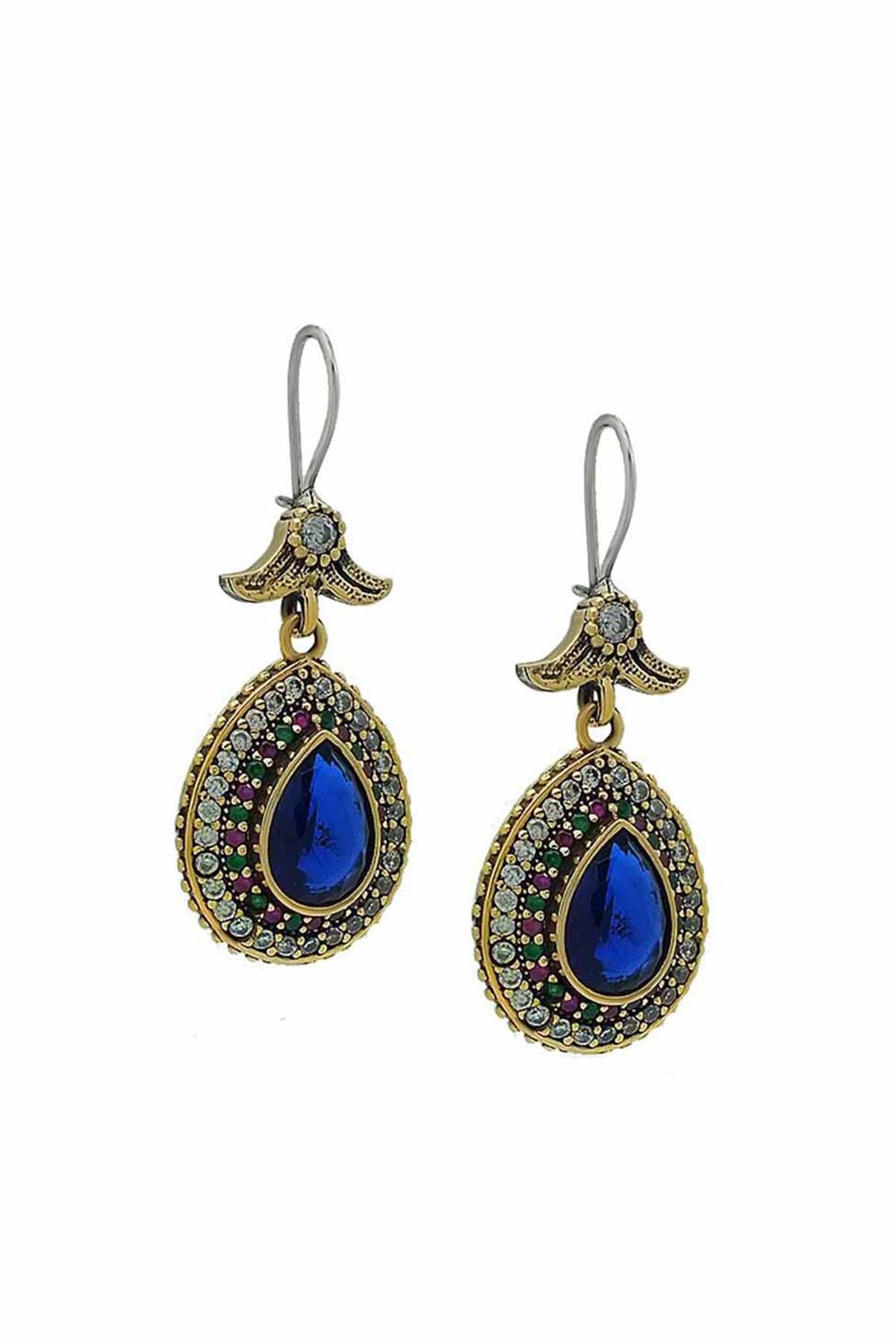 Blue Sapphire Stone Silver Drop Design Authentic Earrings Hürrem Sultan Jewelry - Exporgin | Türkiye Comes to You