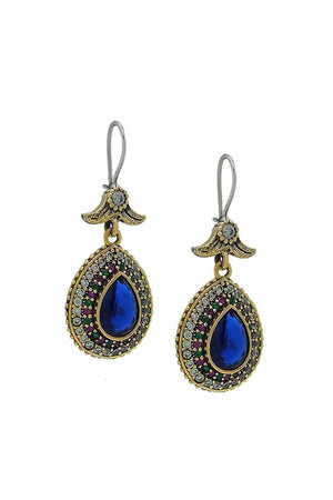 Blue Sapphire Stone Silver Drop Design Authentic Earrings Hürrem Sultan Jewelry - Exporgin | Türkiye Comes to You