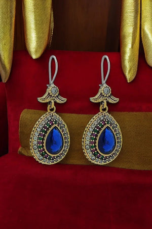 Blue Sapphire Stone Silver Drop Design Authentic Earrings Hürrem Sultan Jewelry - Exporgin | Türkiye Comes to You