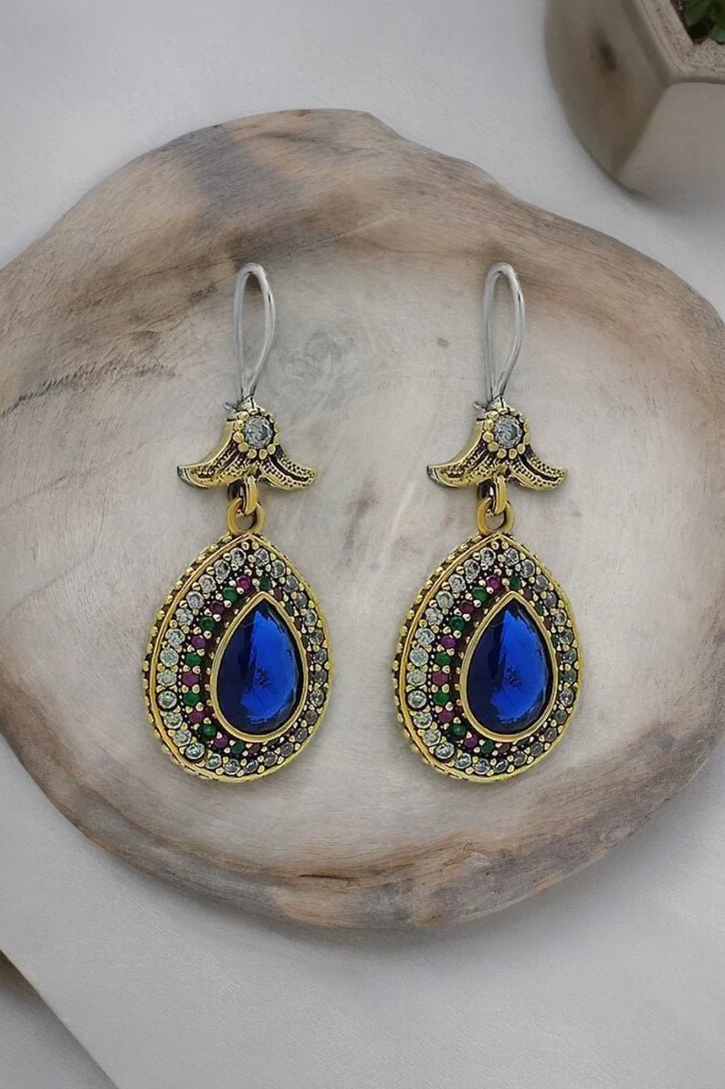 Blue Sapphire Stone Silver Drop Design Authentic Earrings Hürrem Sultan Jewelry - Exporgin | Türkiye Comes to You