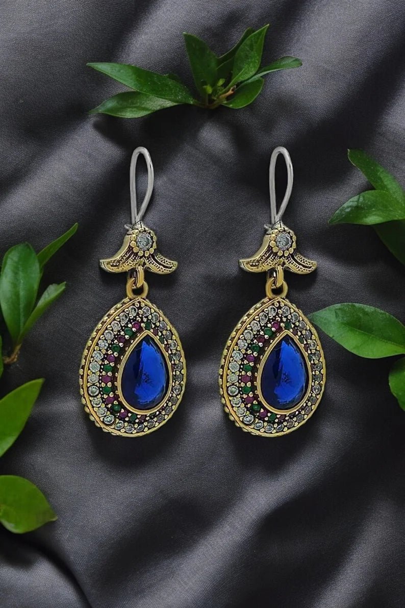 Blue Sapphire Stone Silver Drop Design Authentic Earrings Hürrem Sultan Jewelry - Exporgin | Türkiye Comes to You