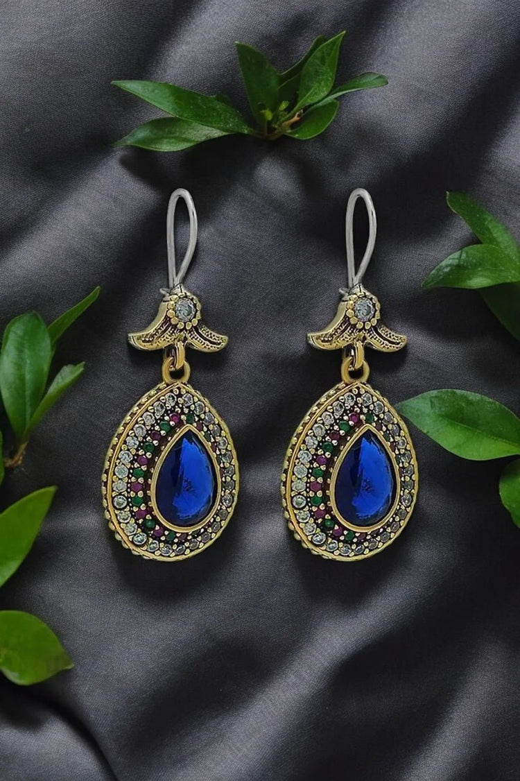 Blue Sapphire Stone Silver Drop Design Authentic Earrings Hürrem Sultan Jewelry - Exporgin | Türkiye Comes to You