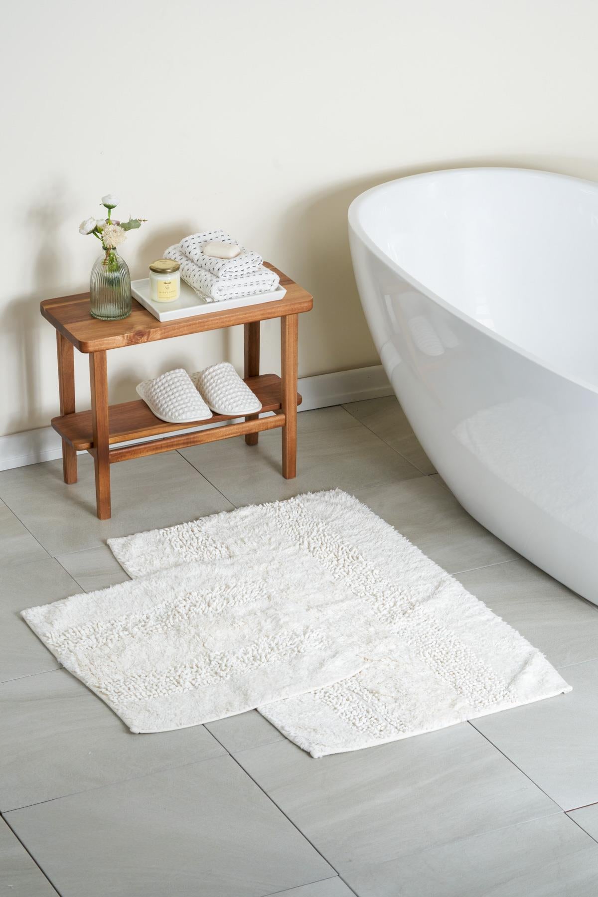 Catchy Natural Cotton 2-Piece Bath Mat Set 60x100+50x60 cm - White