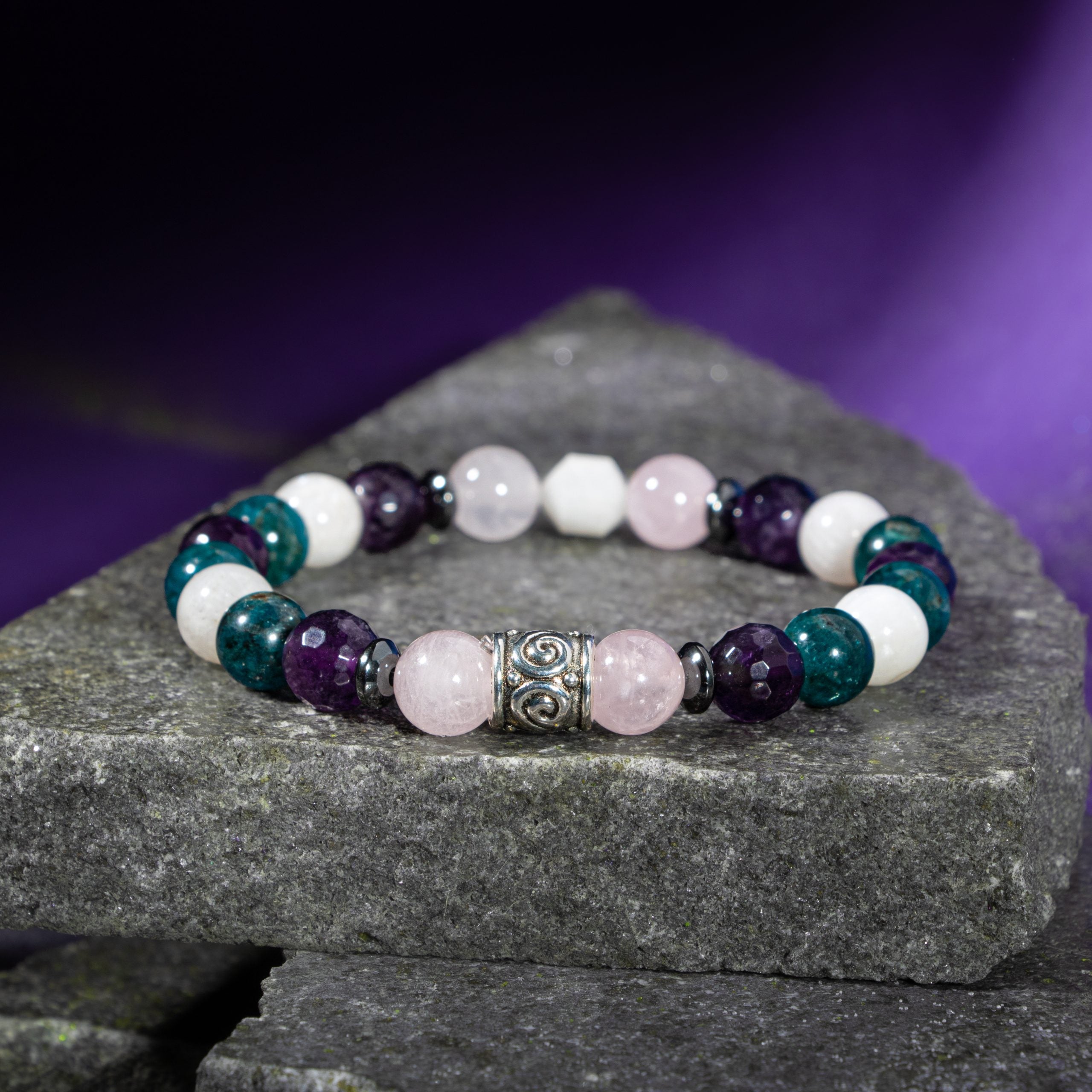 Amethyst de pulsera Piscis, Moonstone, Blue Apatite, Quartz rosado, Selenite