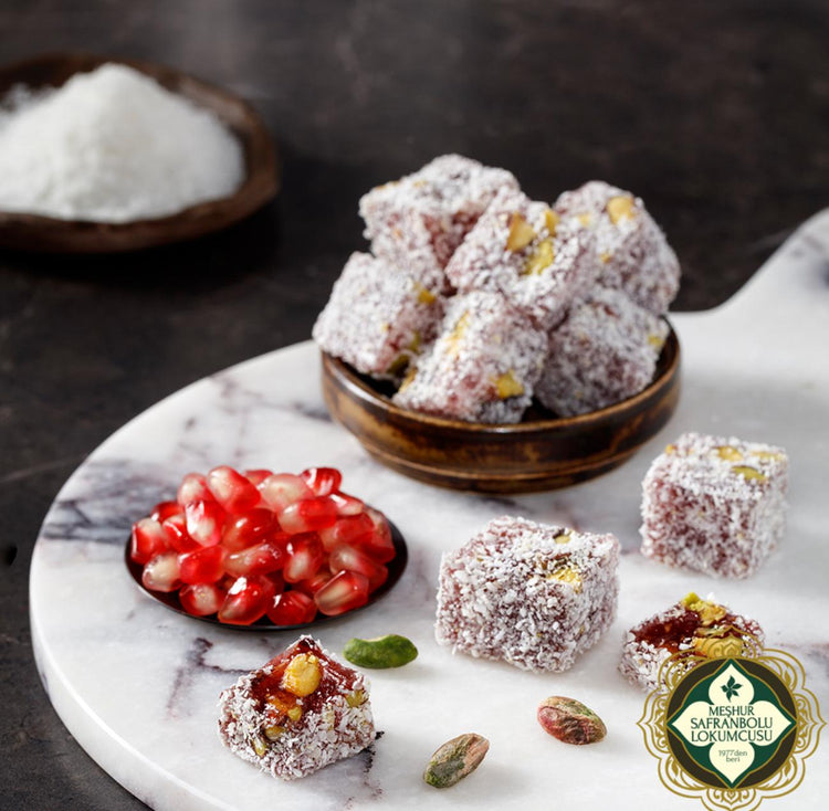 Coconut Pomegranate Pistachio Turkish Delight – 15% Pistachio, Natural Flavor and Color, Coconut Coated - Exporgin | Türkiye Comes to You