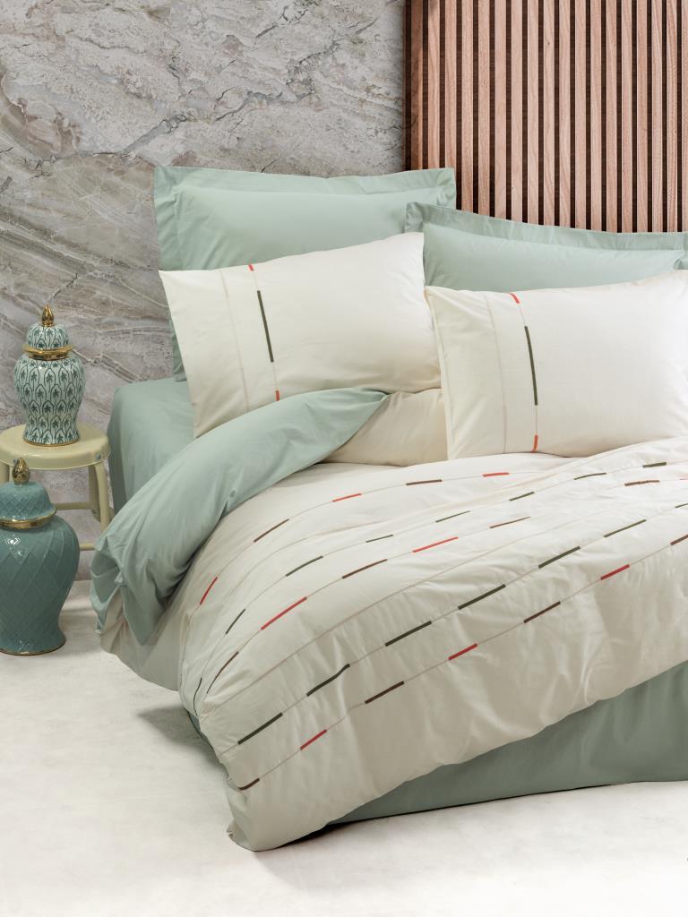 Coton Box Brode Ranforce Double Duvet Cover Set Ivory Green