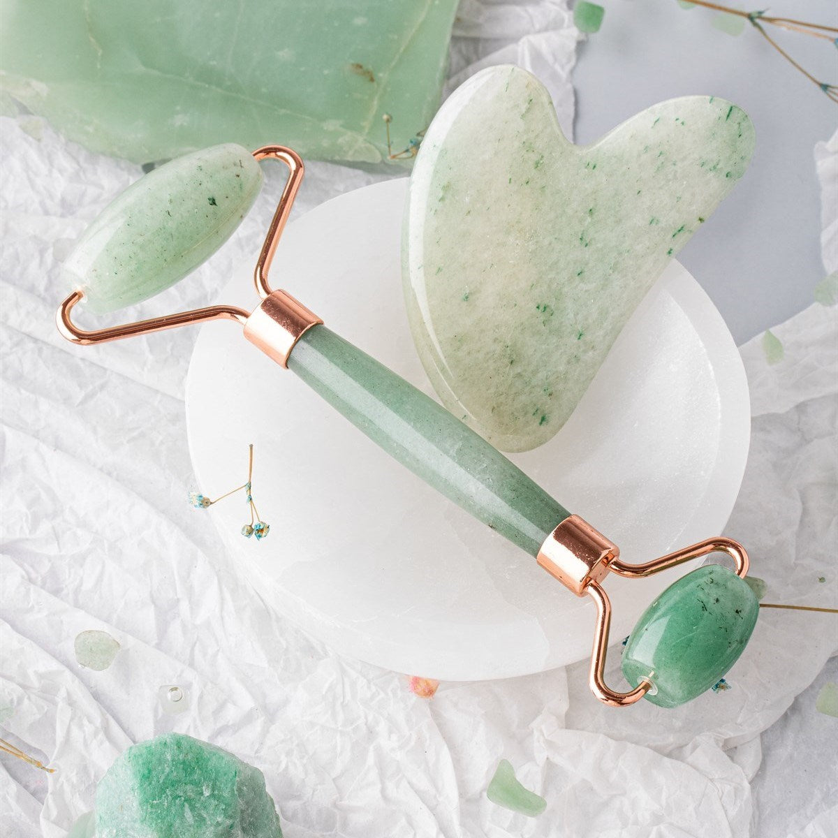 Aventurine Steinmassage -Set - Roller und Gua Sha Heart Set