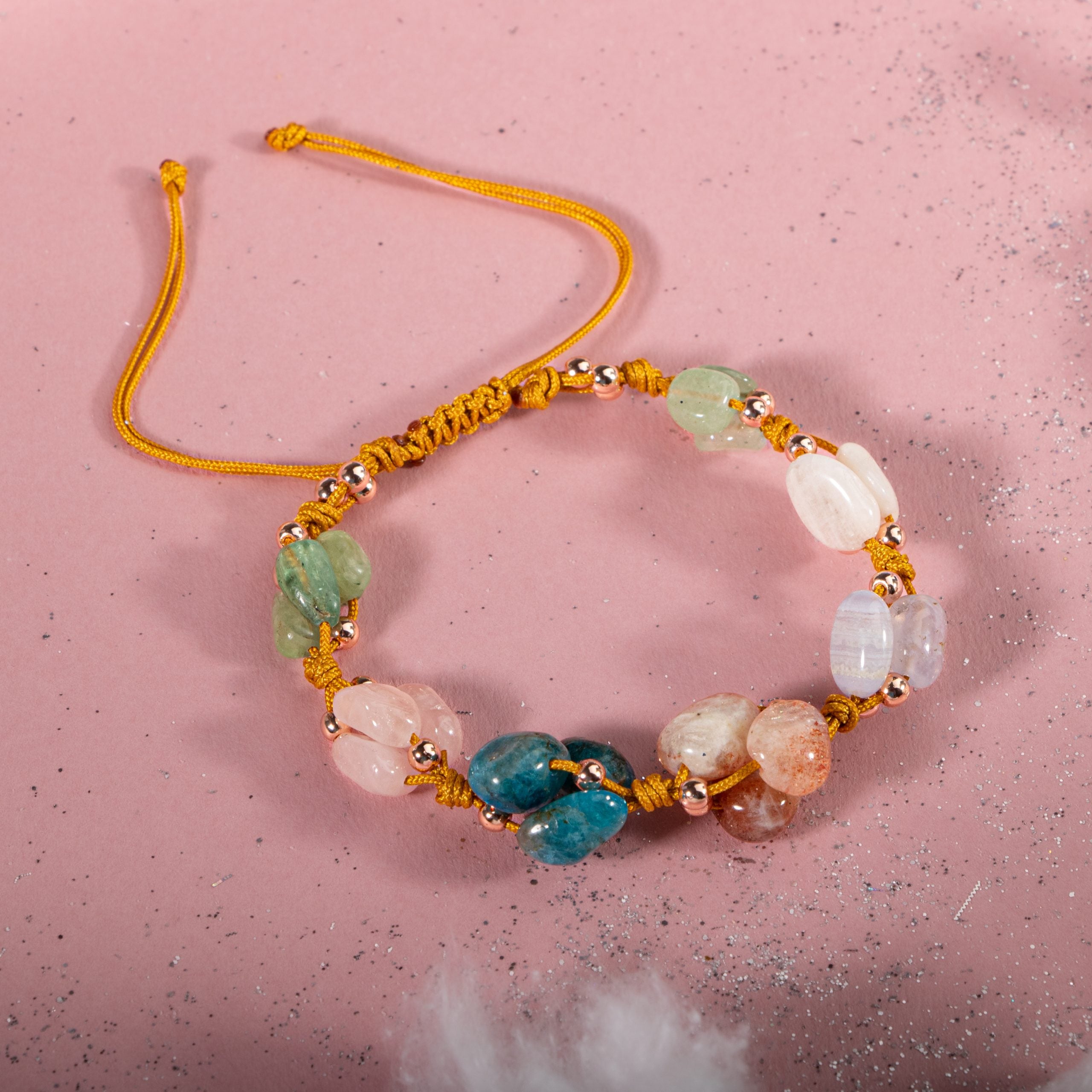 Bracciale gemelli Moonstone, pietra solare, calcedonio, kanite, apatite blu, quarzo rosa, aventur verde