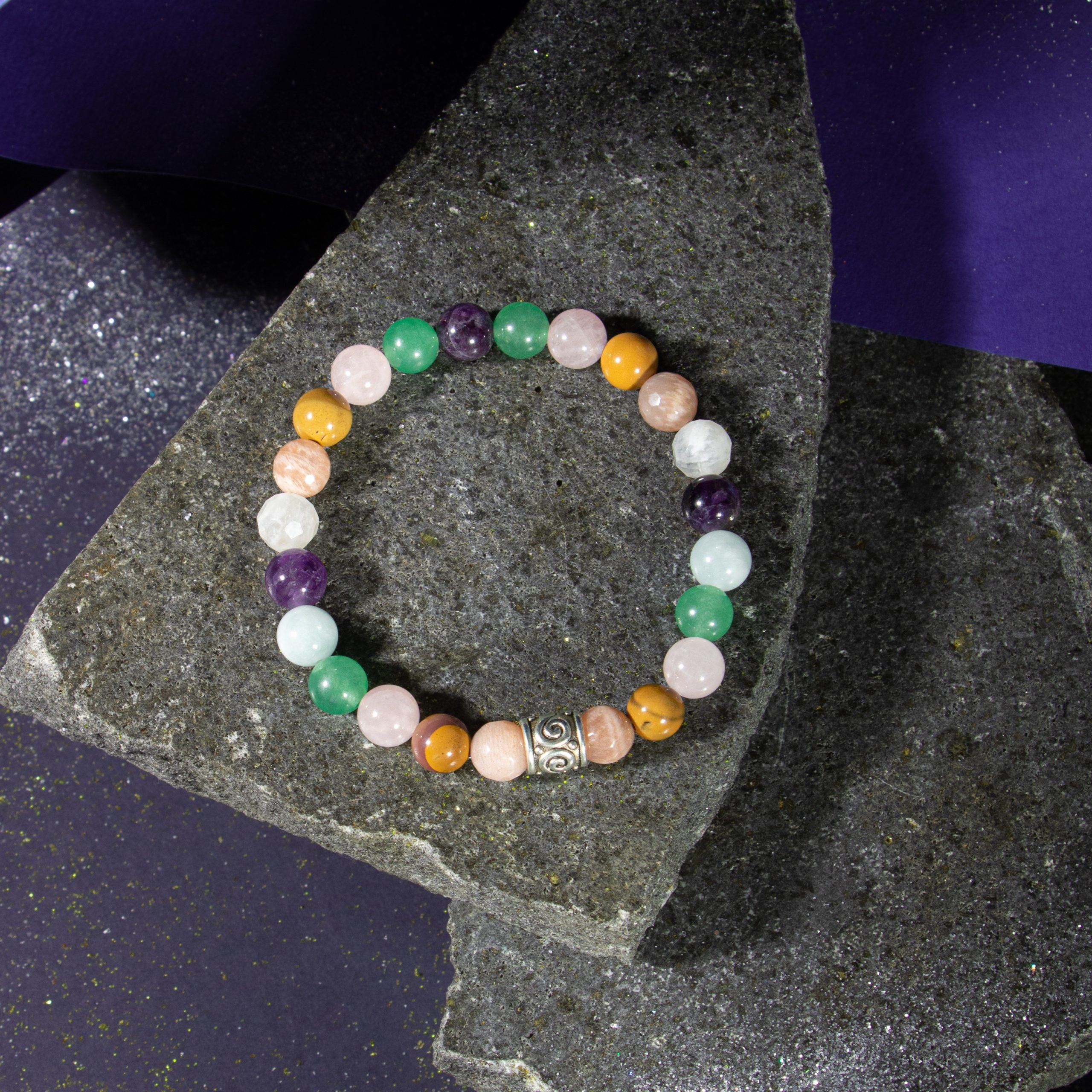 Aries Bracelet Aquamarine, Amethyst, Moon Stone, Sun Stone, Jasper, Pink Quartz, Aventurine verde