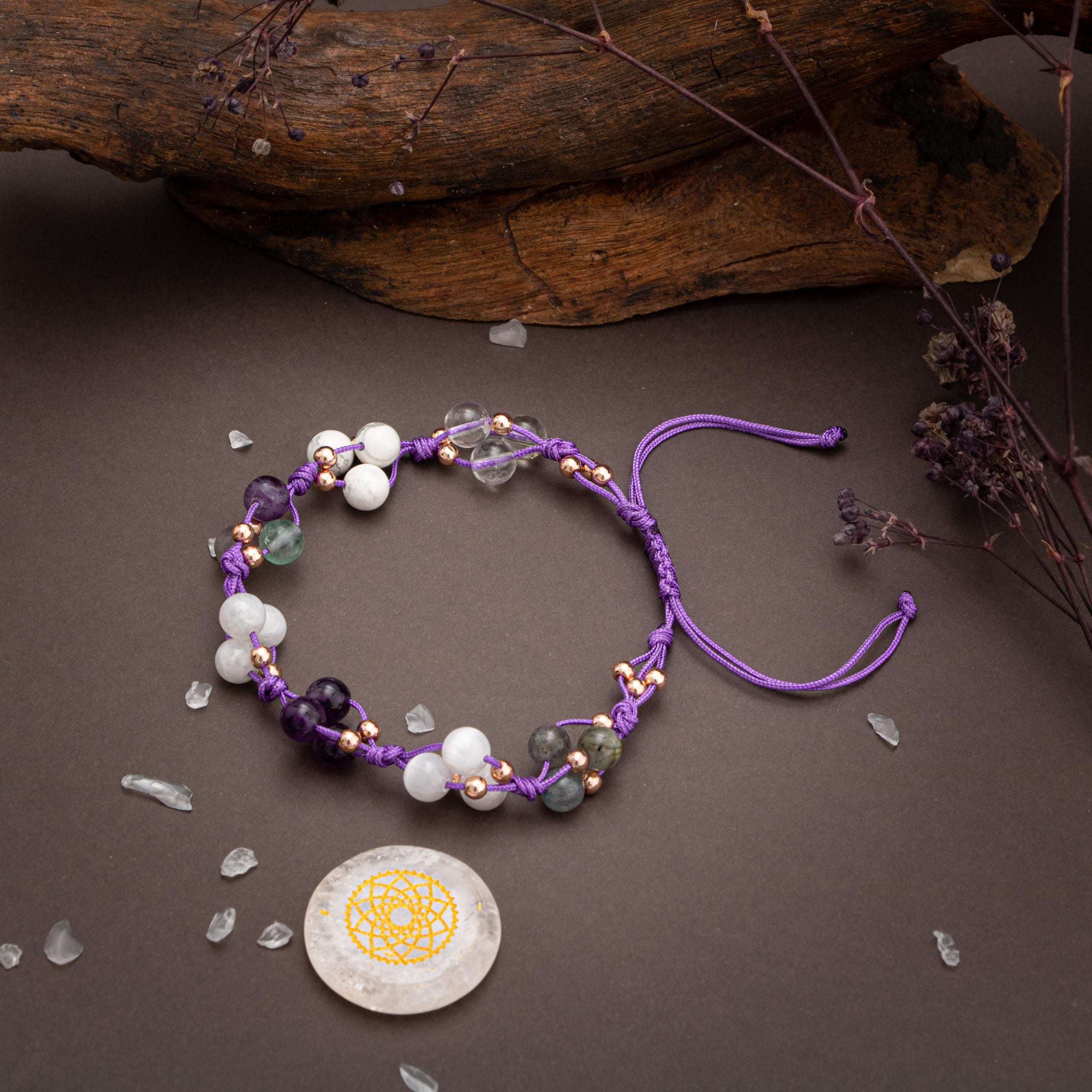 Chakra a corona-Bracciale in pietra naturale-Florite-Havlite-Amethyst-Rose Quartz-Labradorite-Selenite