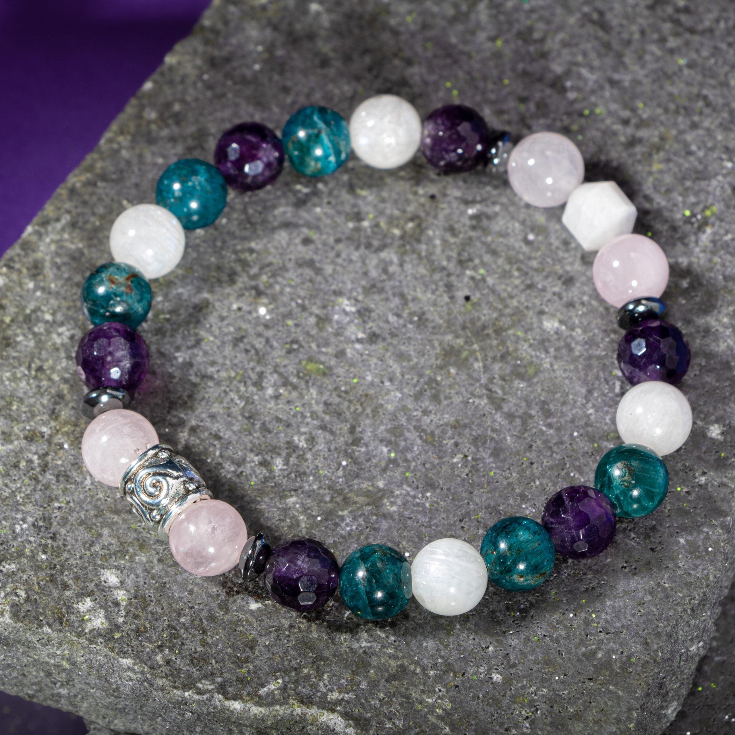 Amethyst de pulsera Piscis, Moonstone, Blue Apatite, Quartz rosado, Selenite