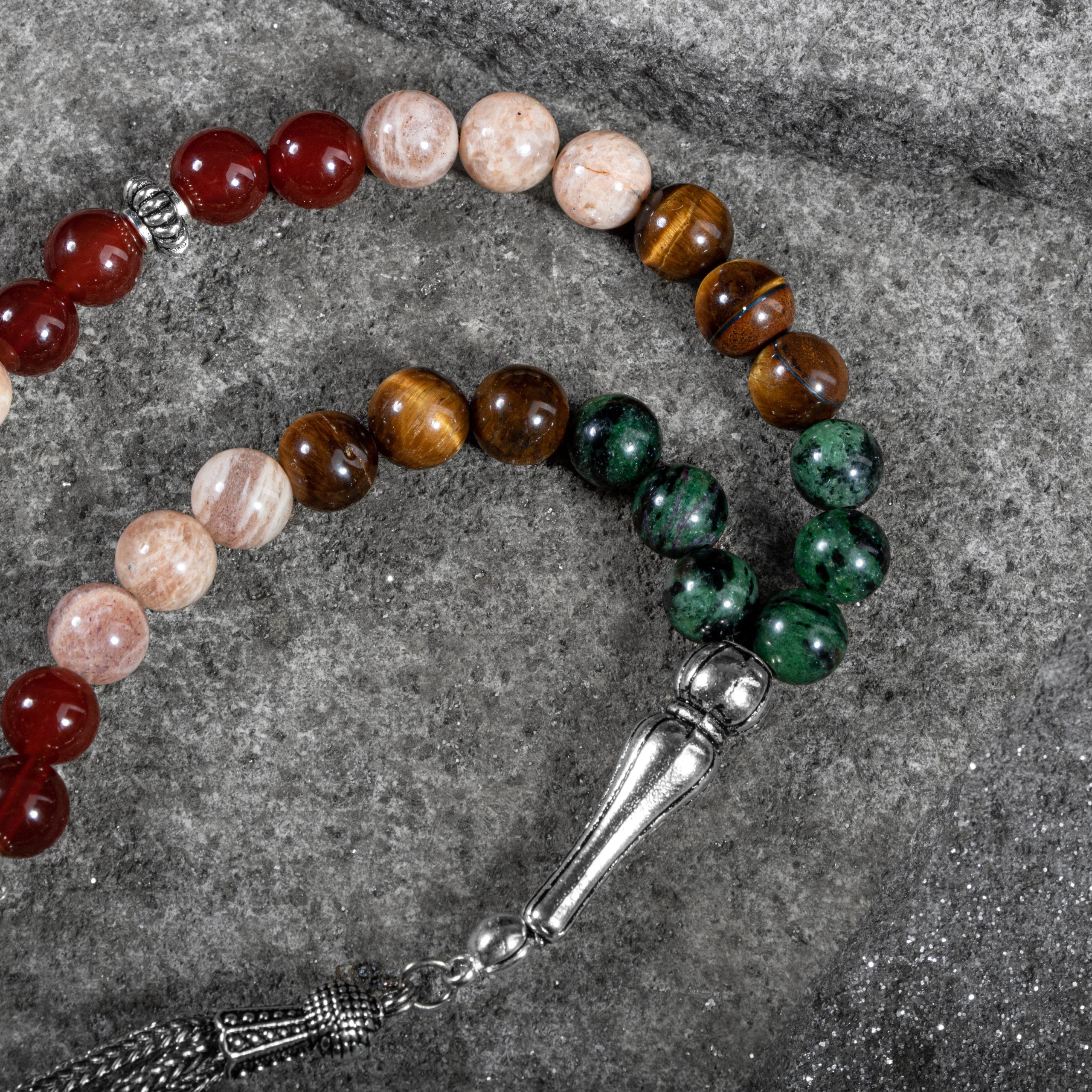 Rosario Géminis - Anyolite, Sun Stone, Tiger Eye, Red Agate, Green Aventurine