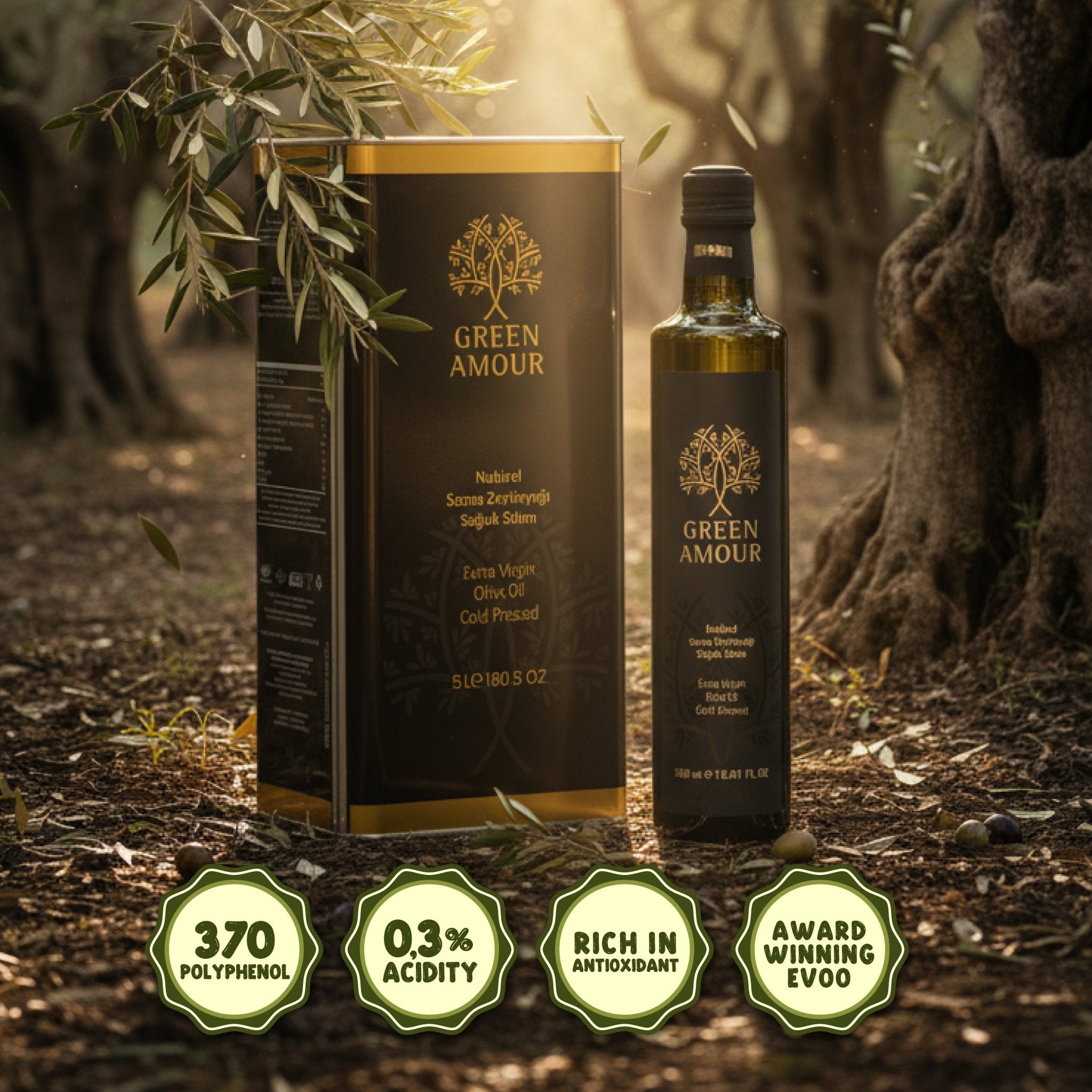 Green Amour Award - Winning EVOO Olive Oil – Cold Pressed, Low Acidity, High Polyphenols (New Harvest) – 3 L - Exporgin | Türkiye Comes to You