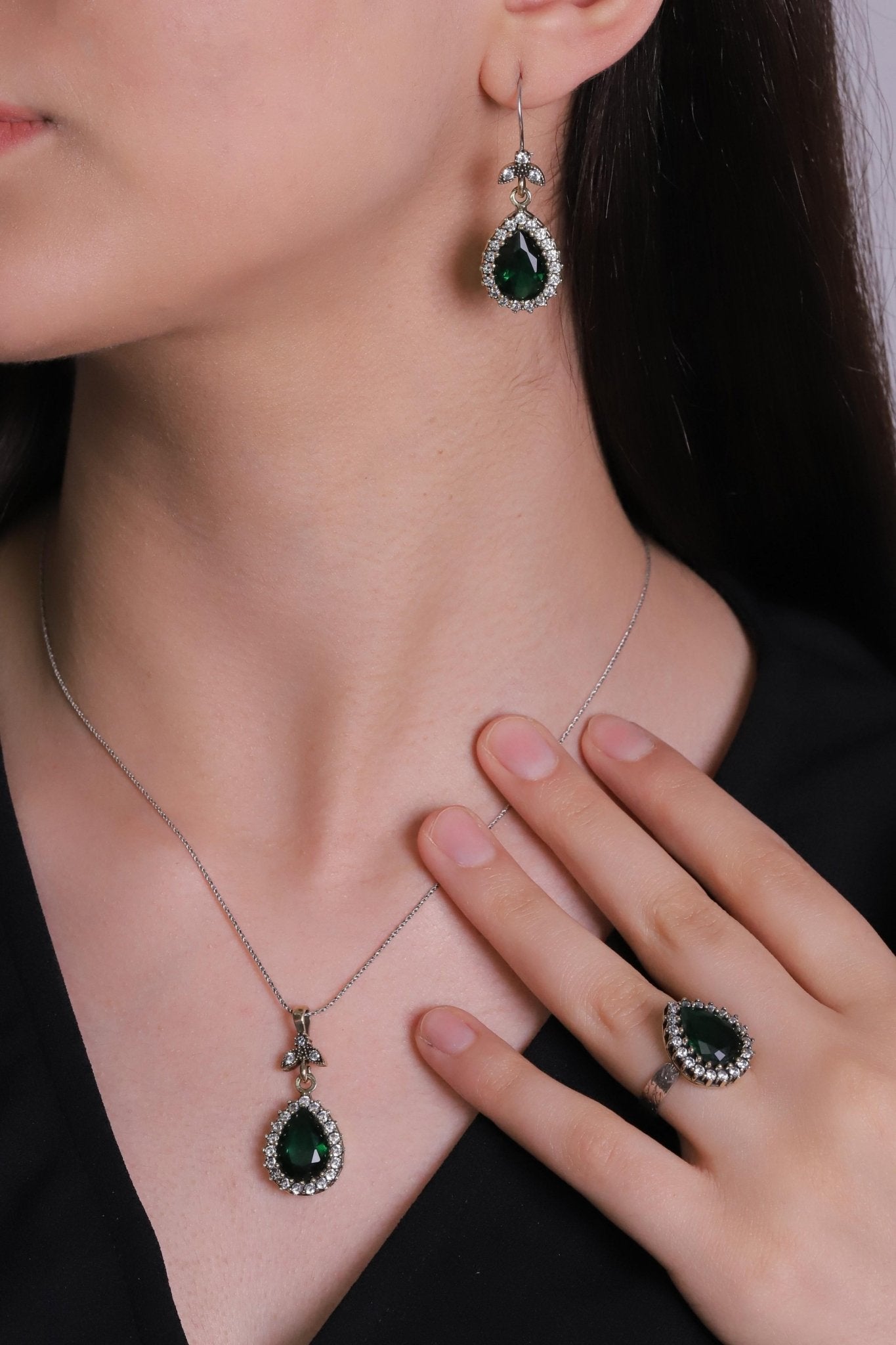 Green Jade Emerald Stone Hürrem Sultan Drop Authentic Silver Triple Women's Set Adjustable Ring - Exporgin - Global Shopping Site