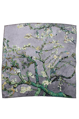 Grey Van Gogh Blossoms a mandorle Multifunzionale Multifunzionale 55x55 Bandana di seta in raso quadrata