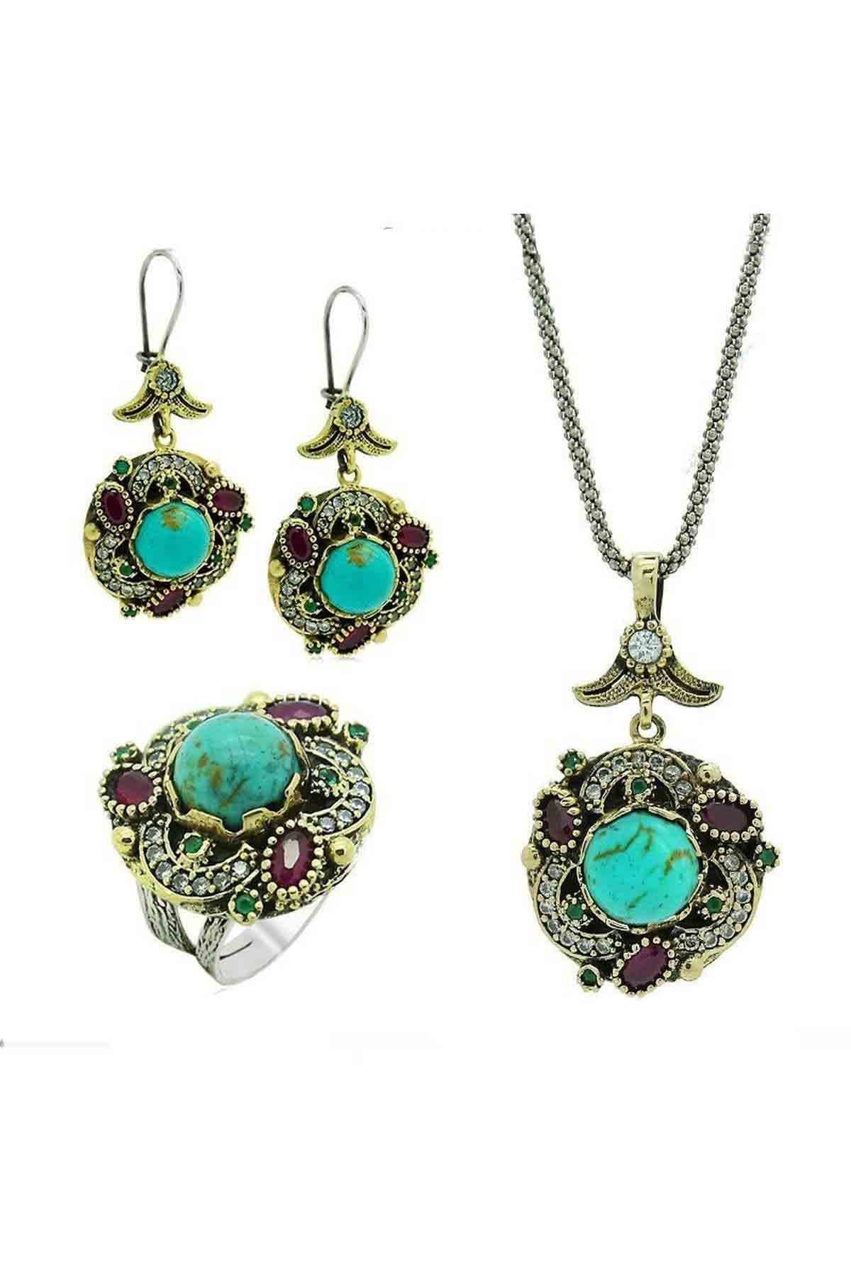 Serie Behiye Silver Natural Turquoise Stone Set Jewelry