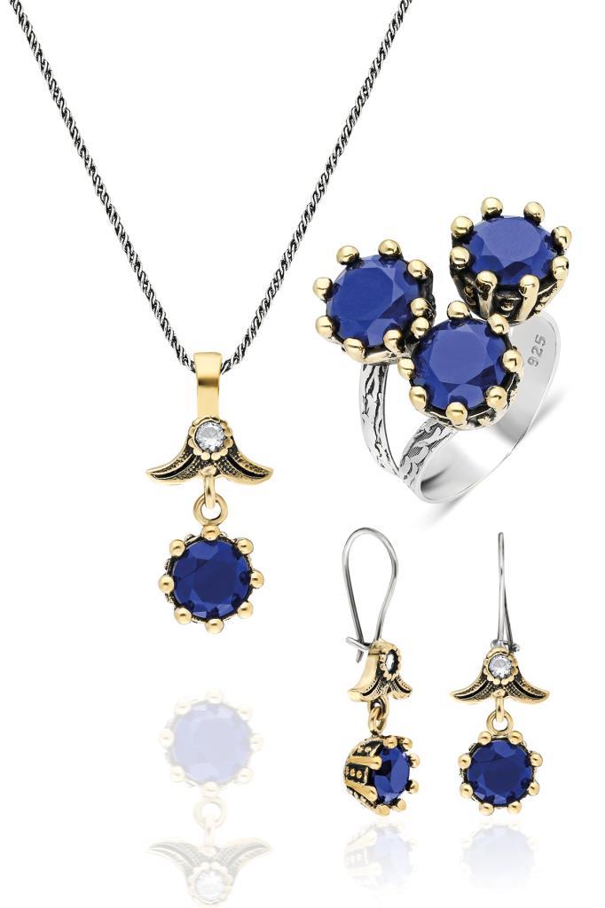 Blue Sapphire Stone Triple Autentic Women's Silver Set Jewelry