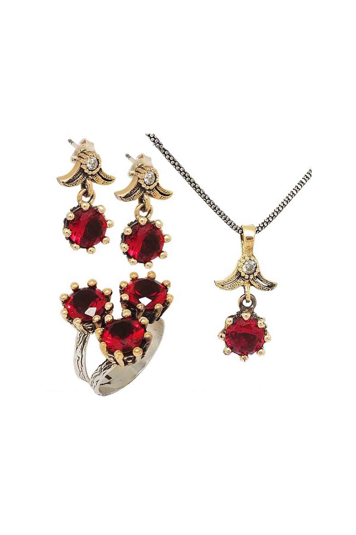 Söğütlü serie rosse color garnet pietra argento autentico triplo set da donna set di gioielli