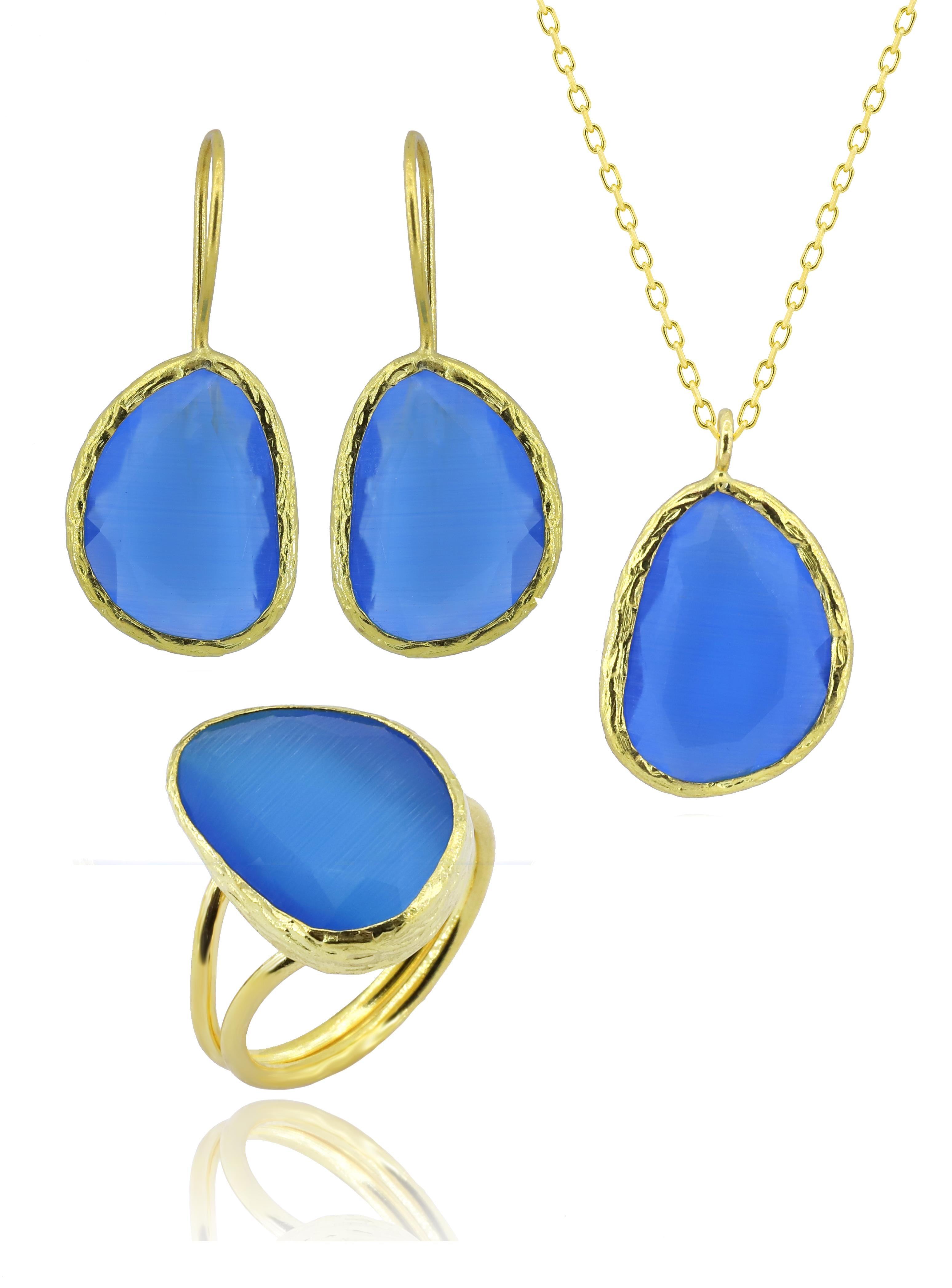 Sun Stone Stone Strie Cut Blue Color Triple Autentico set di gioielli in argento