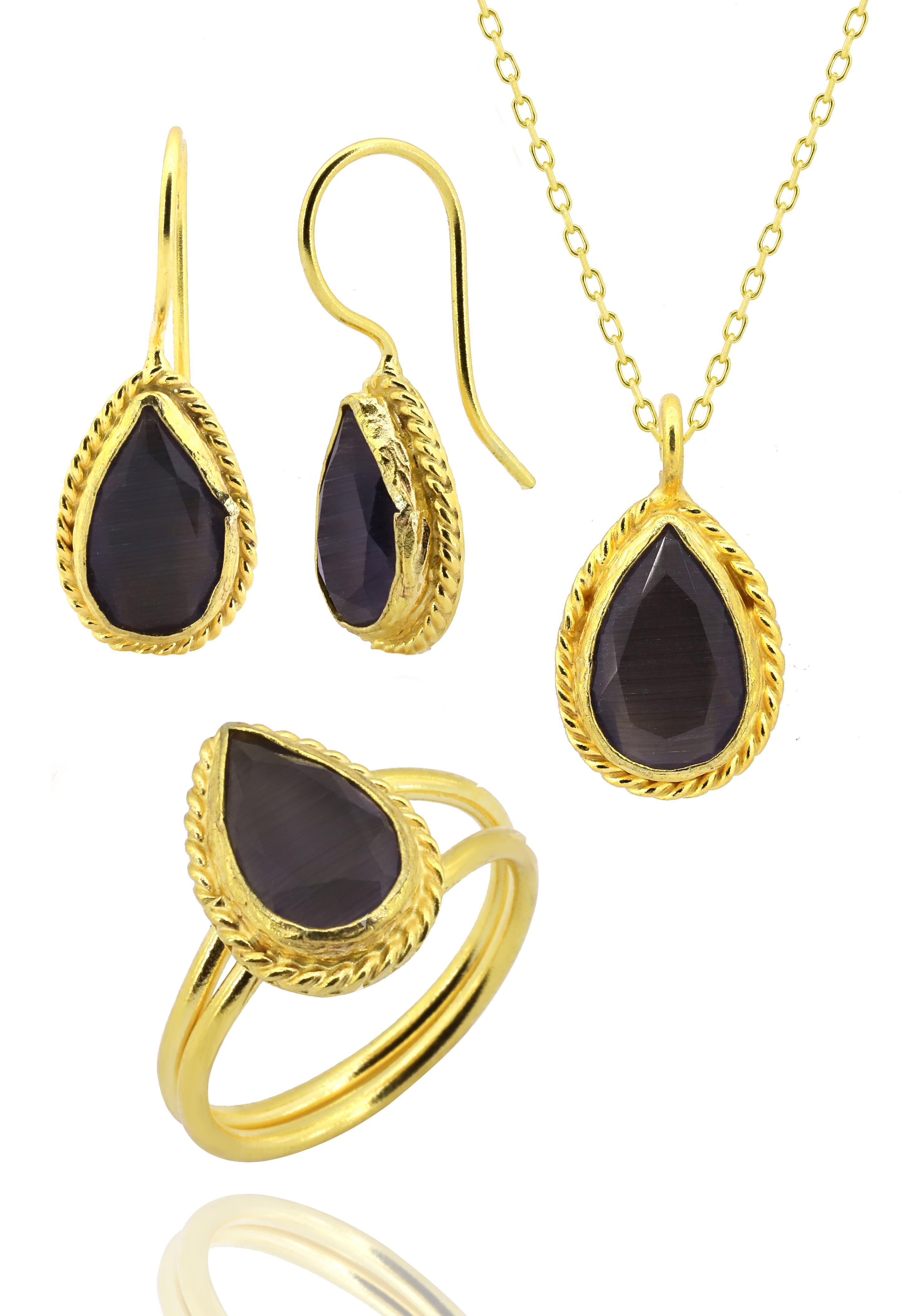 Serie Sun Stone Droping Drop Cut Black Color Onyx 22k Gold Donne Triple Set da donna 925 Sterling Silver Chain