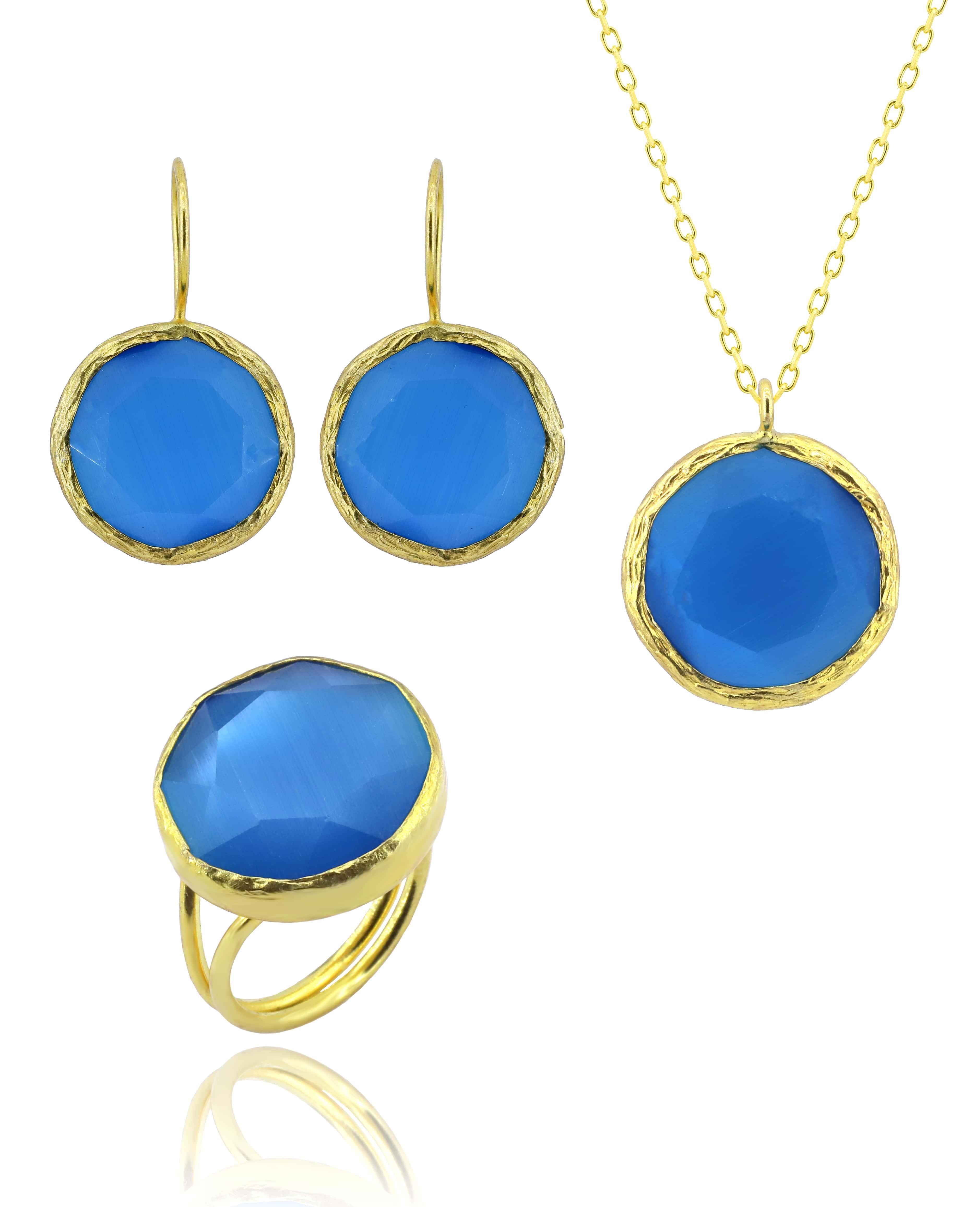 Sun Stone Stone Round Blue Color Women's Authentic Triple Jewelry Set