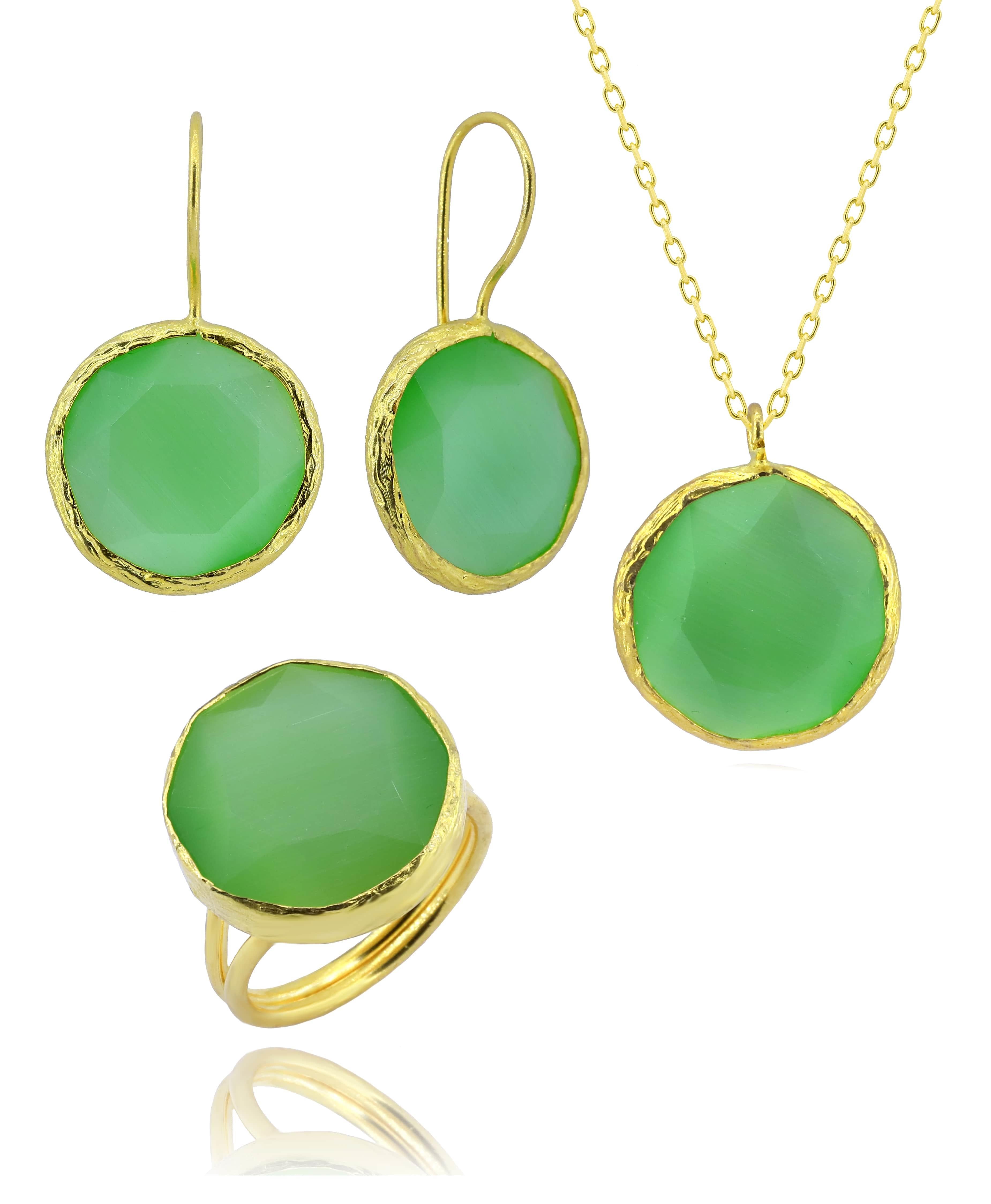 Serie Sun Stone Round Green Color Donne Autentico set di gioielli tripli in argento