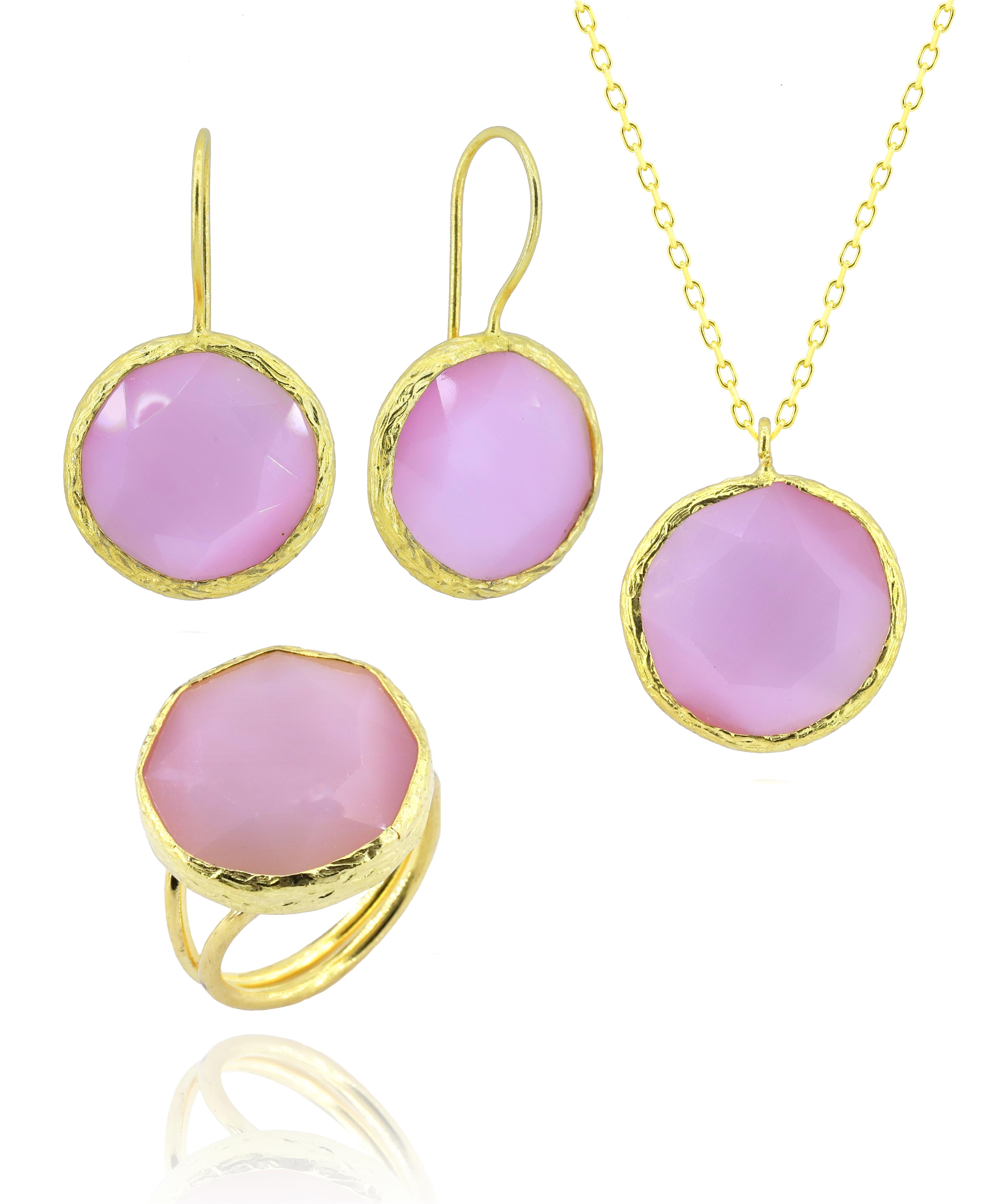 Sun Stone Stone Round Pink Color Women's Authentic Triple Jewelry Set