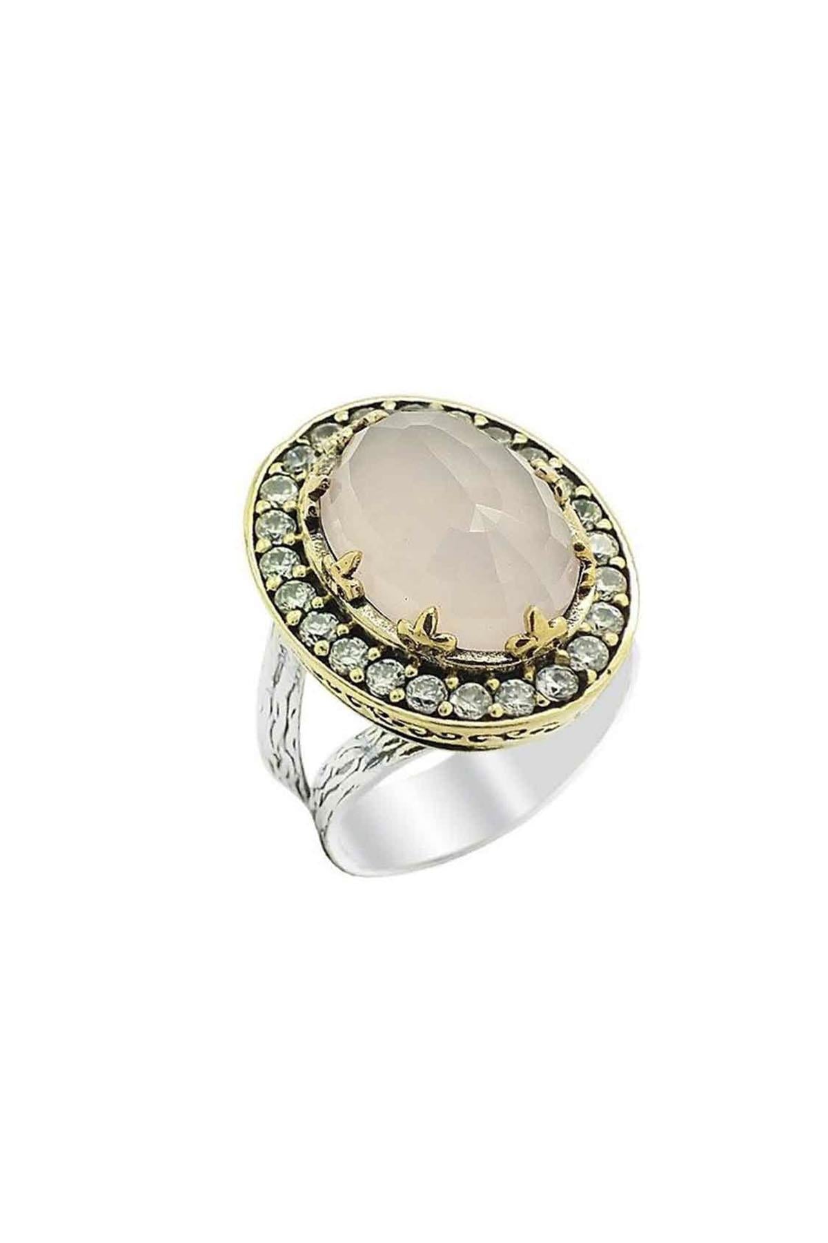 Halime Sultan Series Rose Quartz Stone Silver Women's Ring Dimensioni regolabili