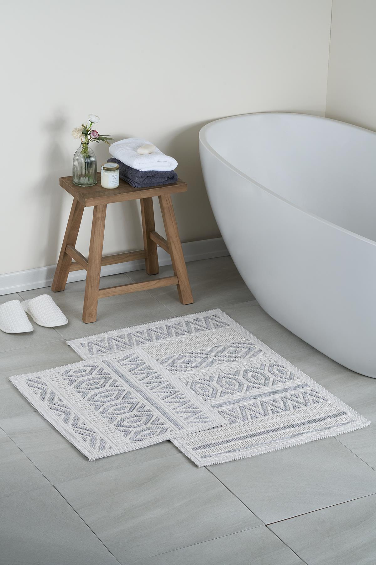 Line Natural Cotton 2-Piece Bath Mat Set 60x100+50x60 cm Grey