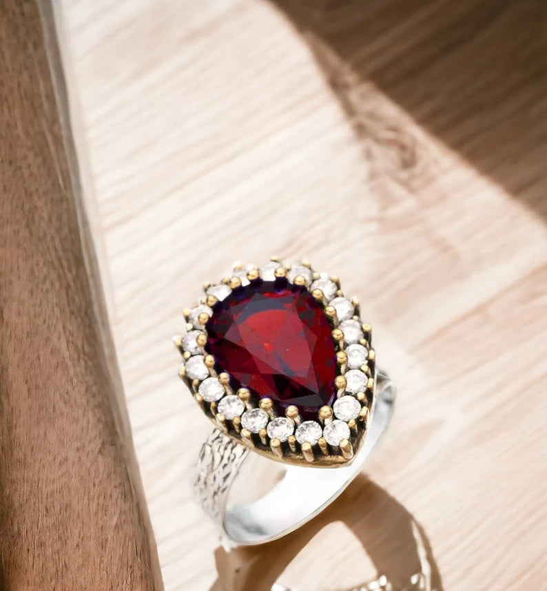 Garnet rojo Ruby Stone Hürrem Sultan Authentic Women's Attetable Ring Model