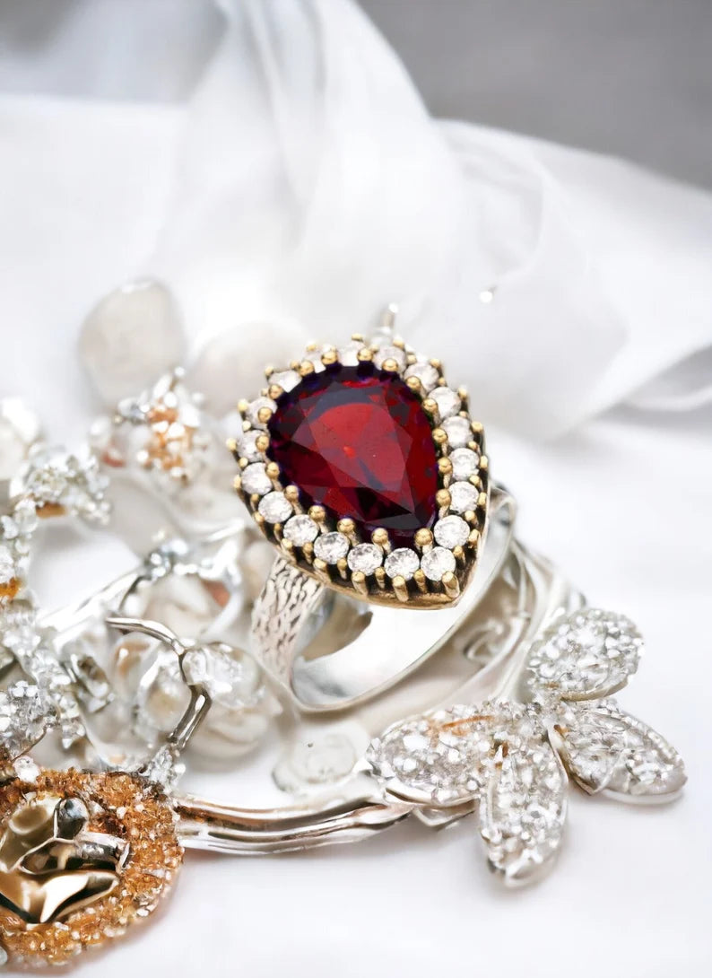 Garnet rojo Ruby Stone Hürrem Sultan Authentic Women's Attetable Ring Model