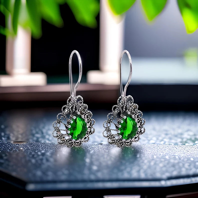 Miras Series Jade Stone Telkari Silver Drop Earrings