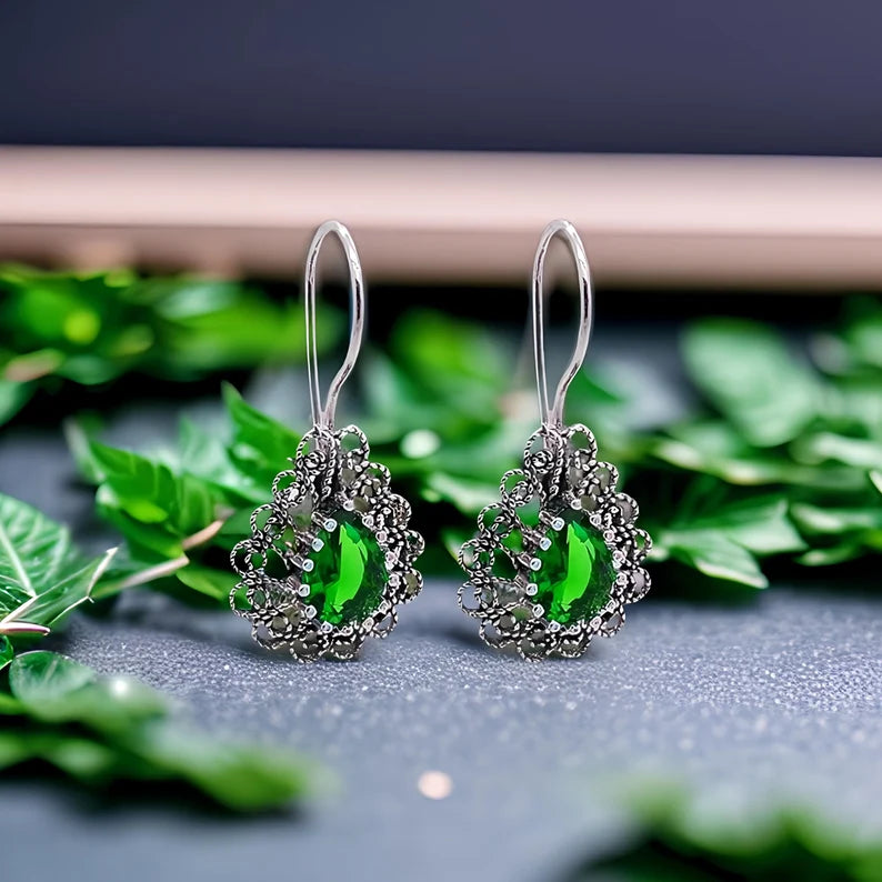 Miras Series Jade Stone Telkari Silver Drop Earrings