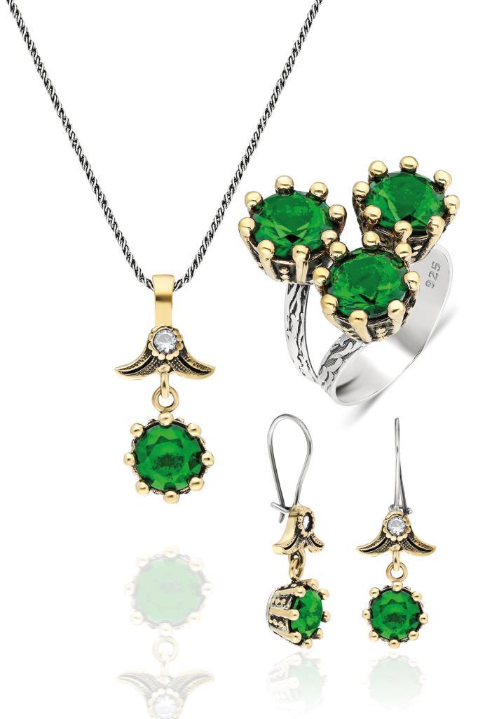 Pietra di giada verde chiaro Autentico set di trio d'argento set di gioielli