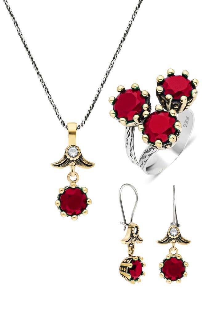 Autentico triangolo argento set gioielli con pietra rossa rossa