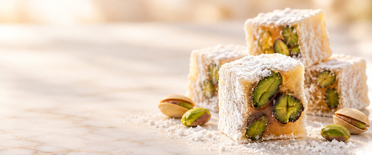 Pistachio Turkish delight cubes dusted with powdered sugar