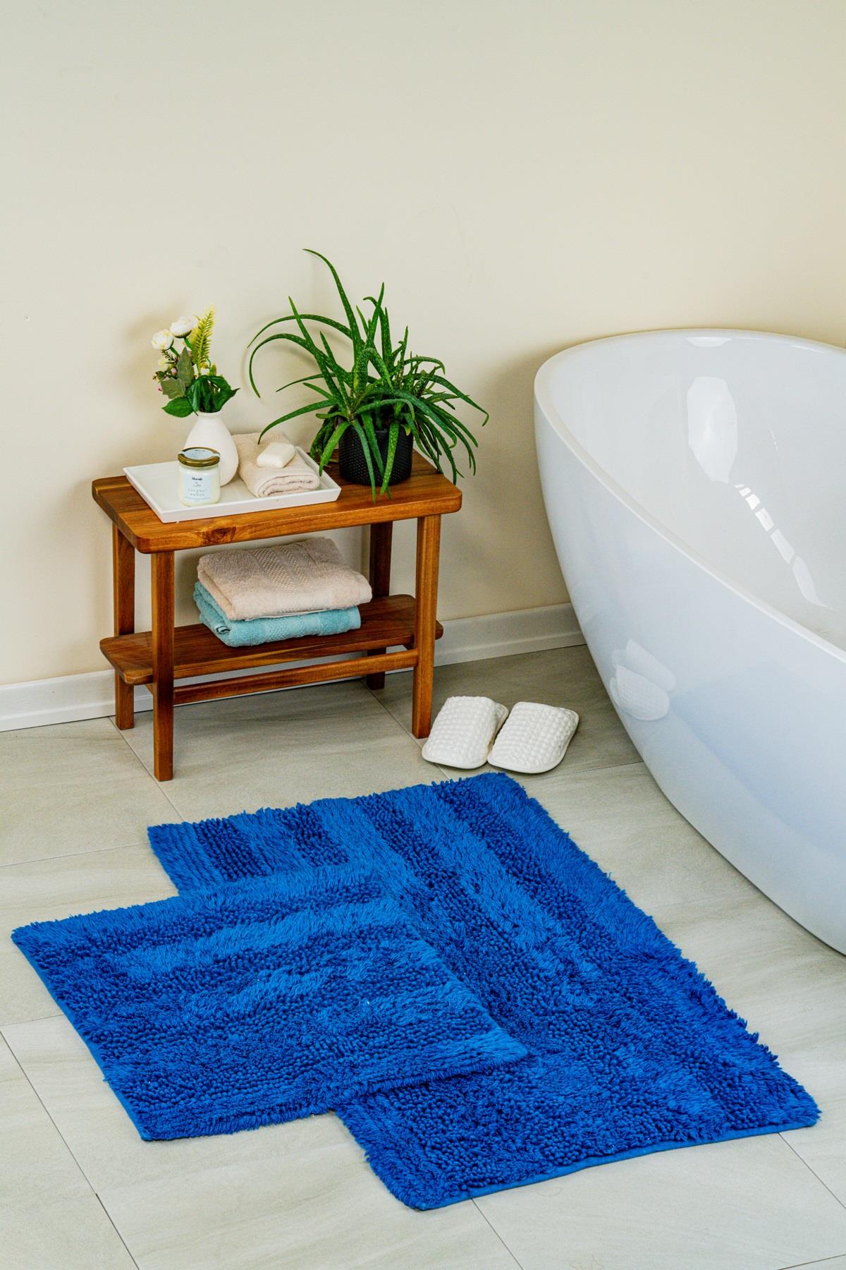 Luxury Softy Natural Cotton 2-Piece Bath Mat Set 60x100+50x60Navy Blue