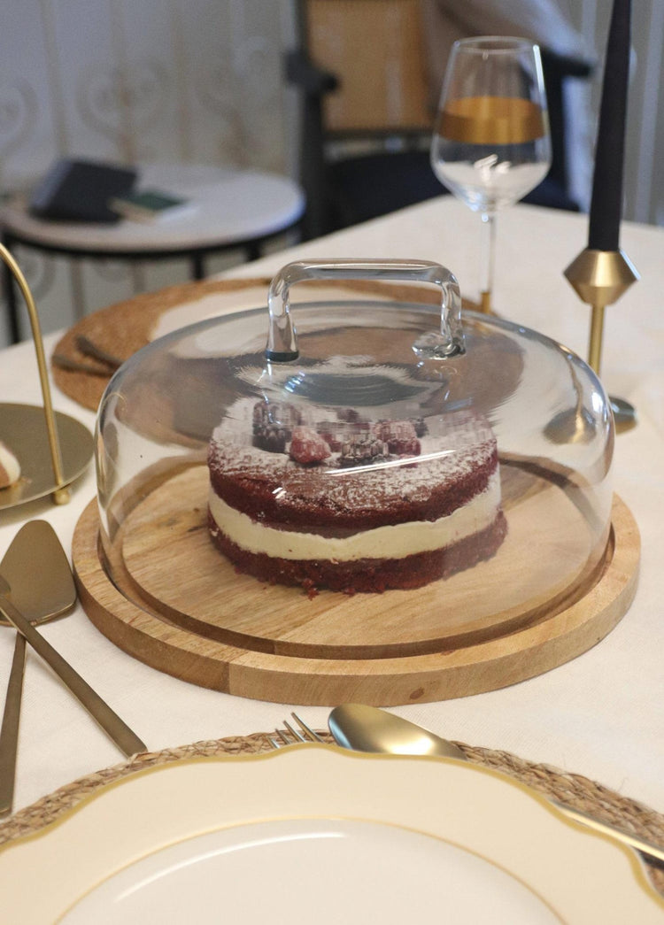 Madera – Round Cake Storage Bowl – Acacia Wood & Glass – 18x30x30 cm - Exporgin | Türkiye Comes to You