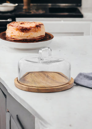 Madera – Round Cake Storage Bowl – Acacia Wood & Glass – 18x30x30 cm - Exporgin | Türkiye Comes to You