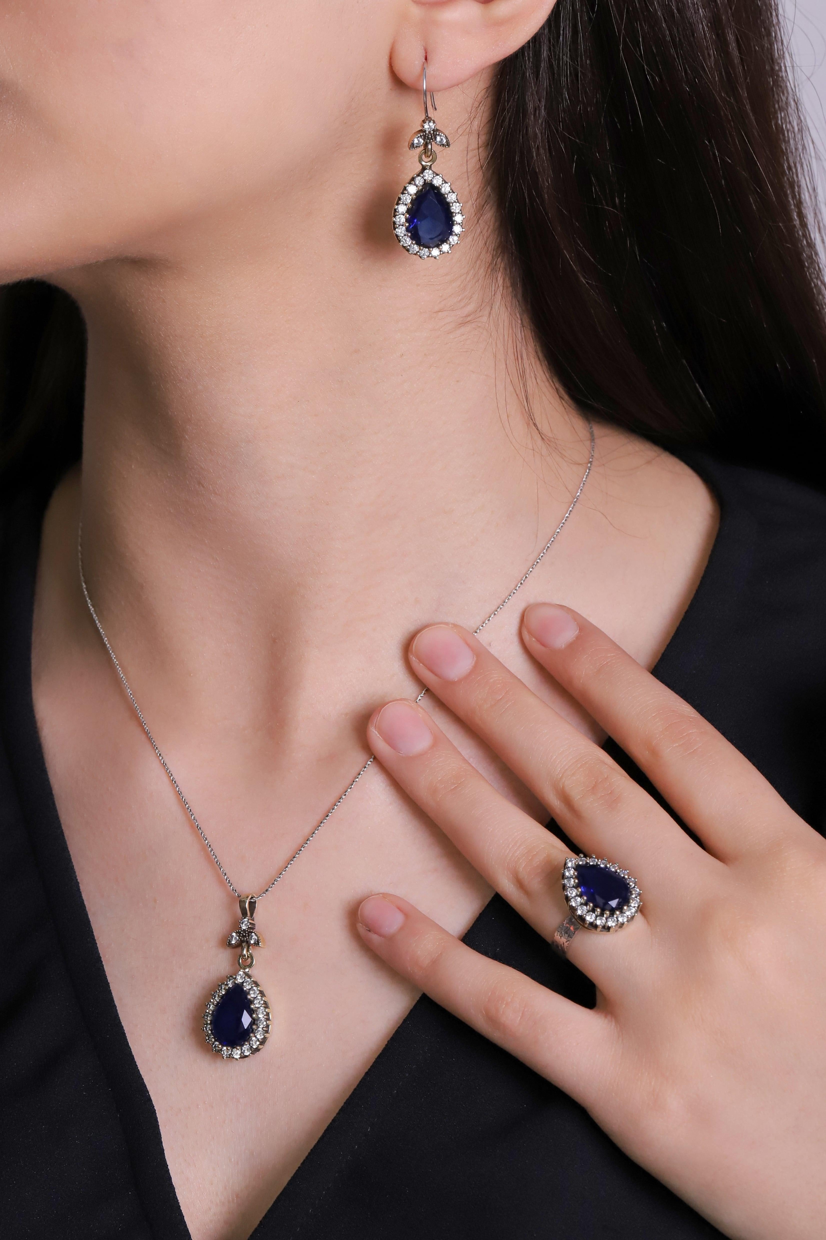 Blue Sapphire Stone Hürrem Sultan Drop Authentic Triple Women Set's Set Regolable Ring