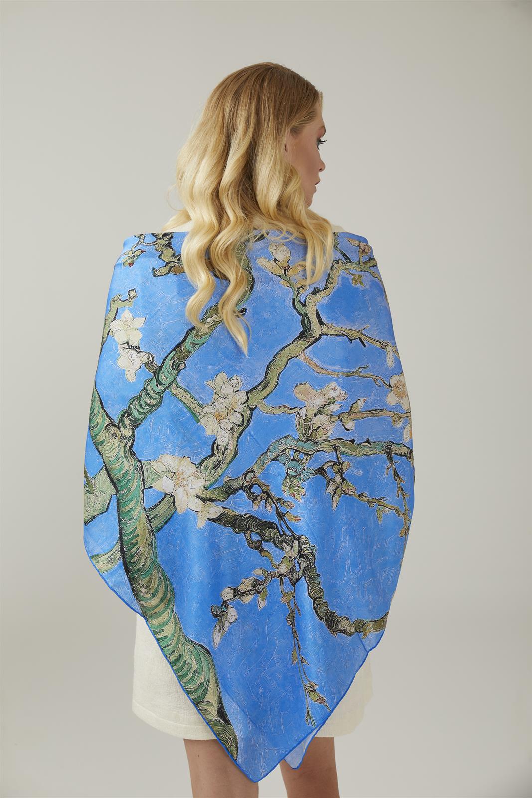 Blue Van Gogh Almond Blossoms Square 140x140 Satin Silk Skwl