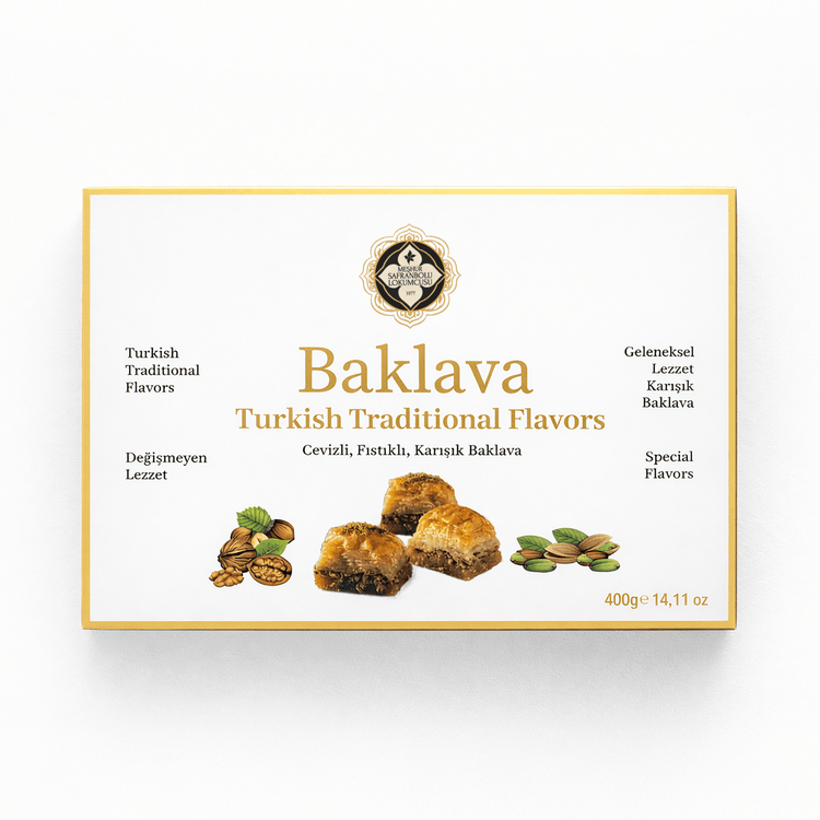 Meşhur Safranbolu Lokumcusu Turkish Mixed Syrup Dessert 400g (14.11 oz) – Pistachio & Walnut Assortment, Gourmet Turkish Sweets Gift Box - Exporgin | Global Shopping Site