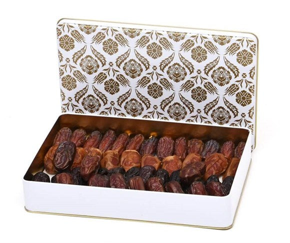 Mixed Premium Quality Dates Gift Box 595gr – Assorted Mebrum, Sugay, Safavi, Hudri Dates in Elegant Metal Box