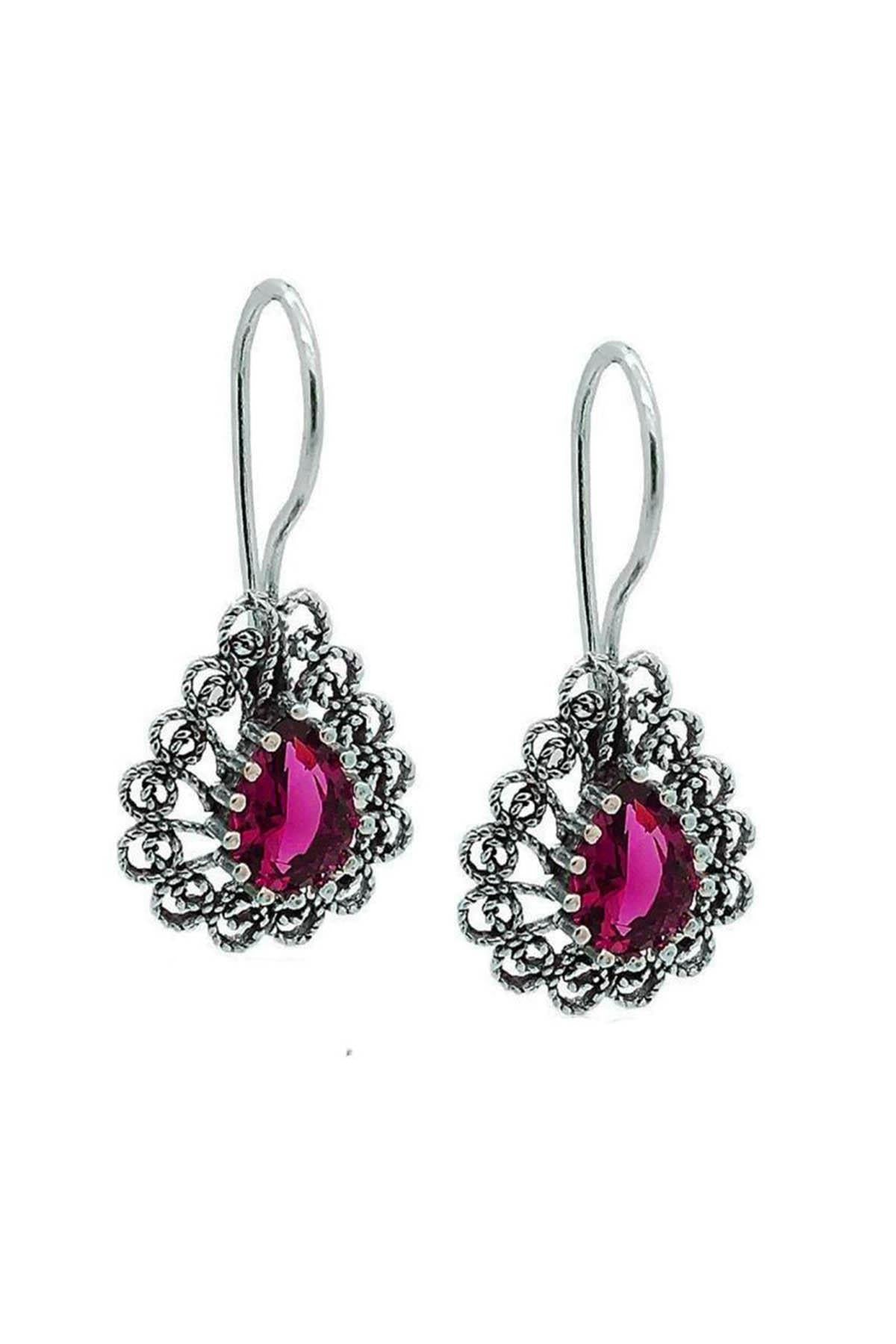 Miras Series Midyat Silver Telkari Root Ruby Stone Drop Orecchini