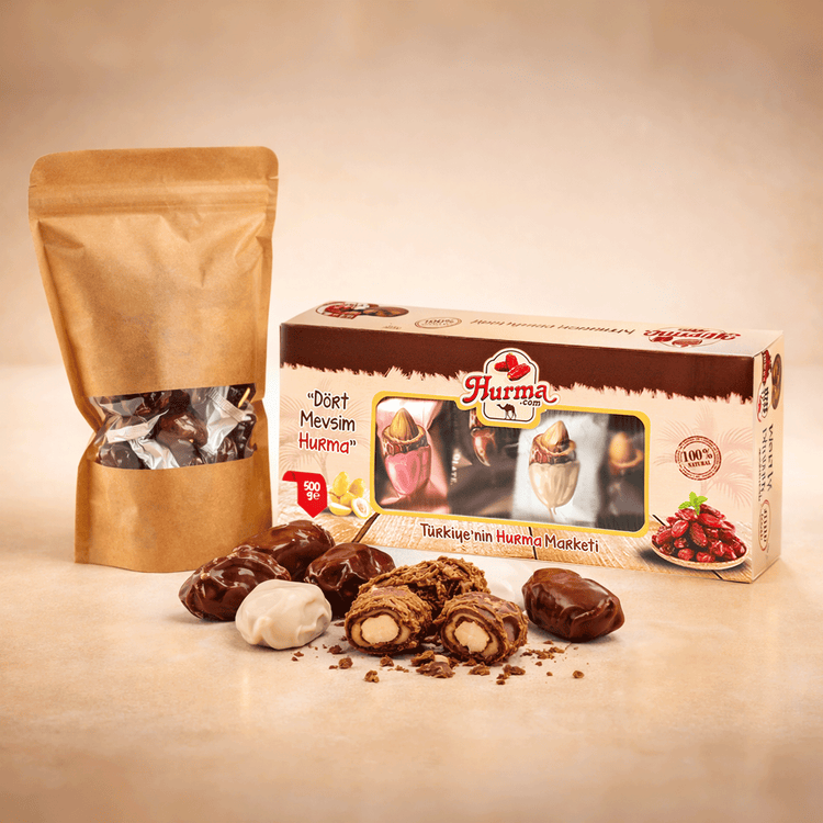 Mixed Chocolate Covered Dates with Almonds 500g (17.64 oz) - Exporgin | Türkiye Comes to You