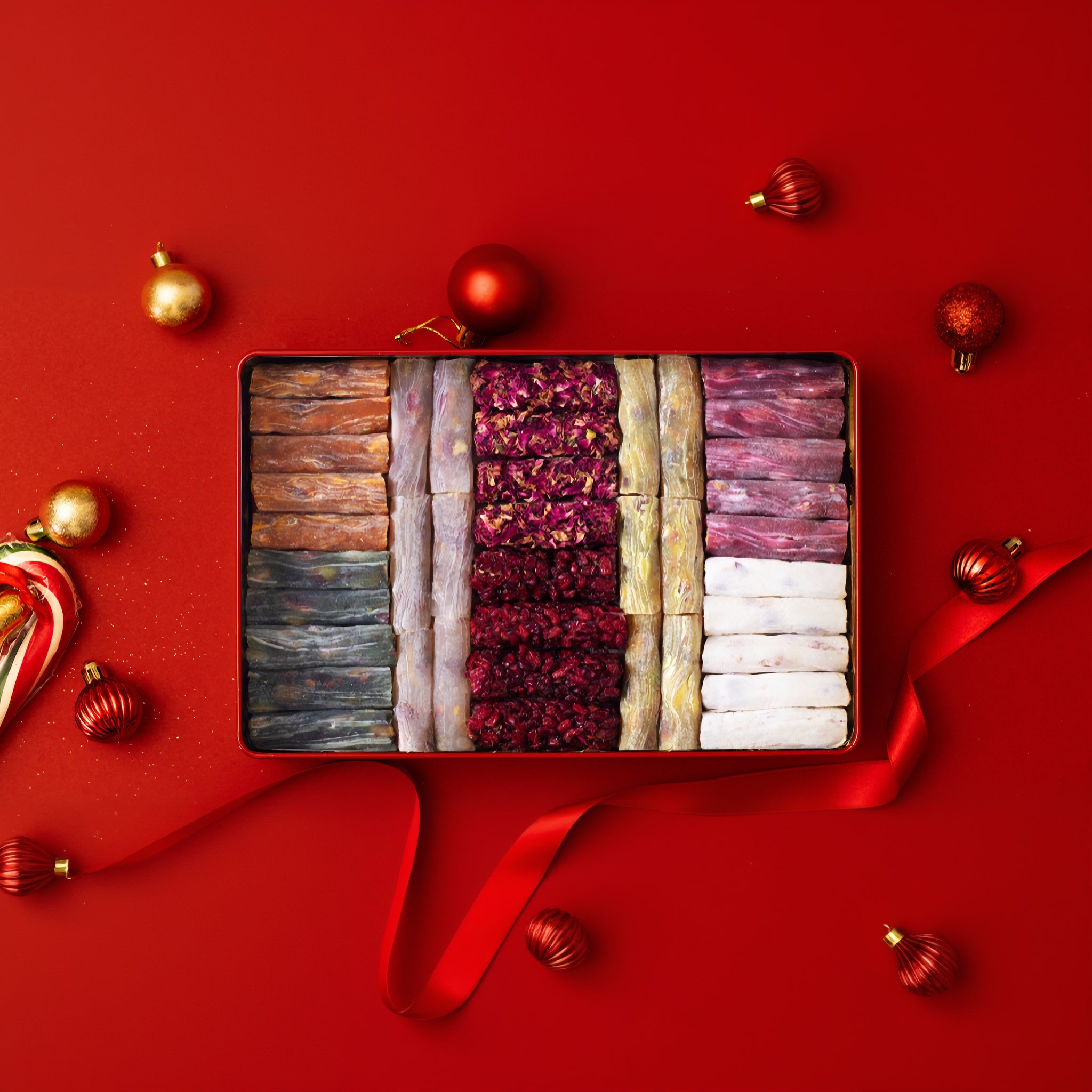 Mixed Finger Turkish Delight - Metal Box – Pomegranate & Pistachio, Rose, Grape, Sesame, Safflower, Double Sultan Varieties - 700g (24.69 oz) - Exporgin | Türkiye Comes to You