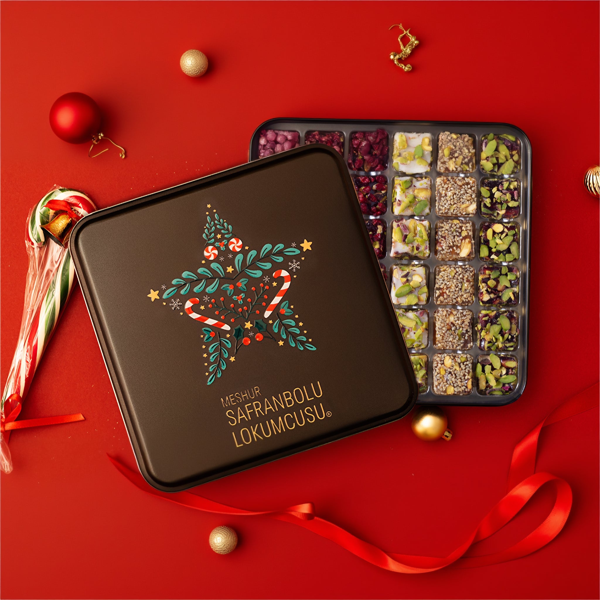 Mixed Wick Turkish Delight Metal Box – Pistachio Assortment with Rose, Grape, Safflower, Sesame and Coconut – 600g (21.16 oz) - Exporgin | Türkiye Comes to You