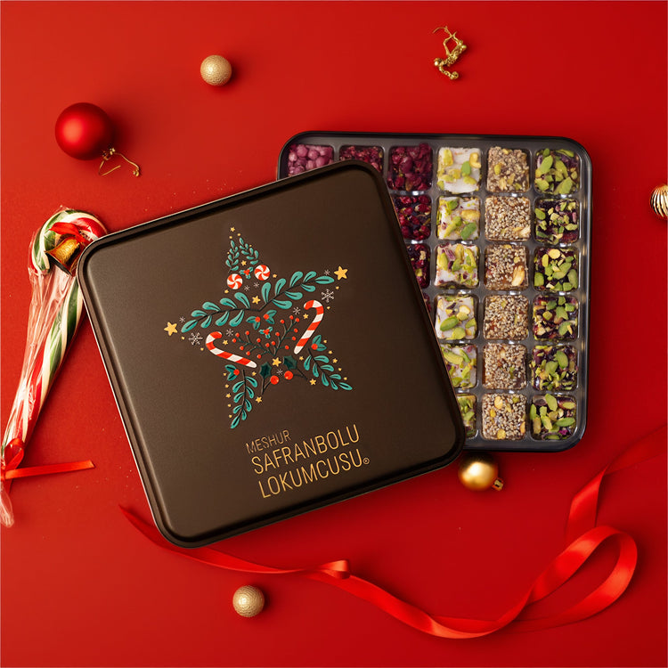 Mixed Wick Turkish Delight Metal Box – Pistachio Assortment with Rose, Grape, Safflower, Sesame and Coconut – 600g (21.16 oz) - Exporgin | Türkiye Comes to You
