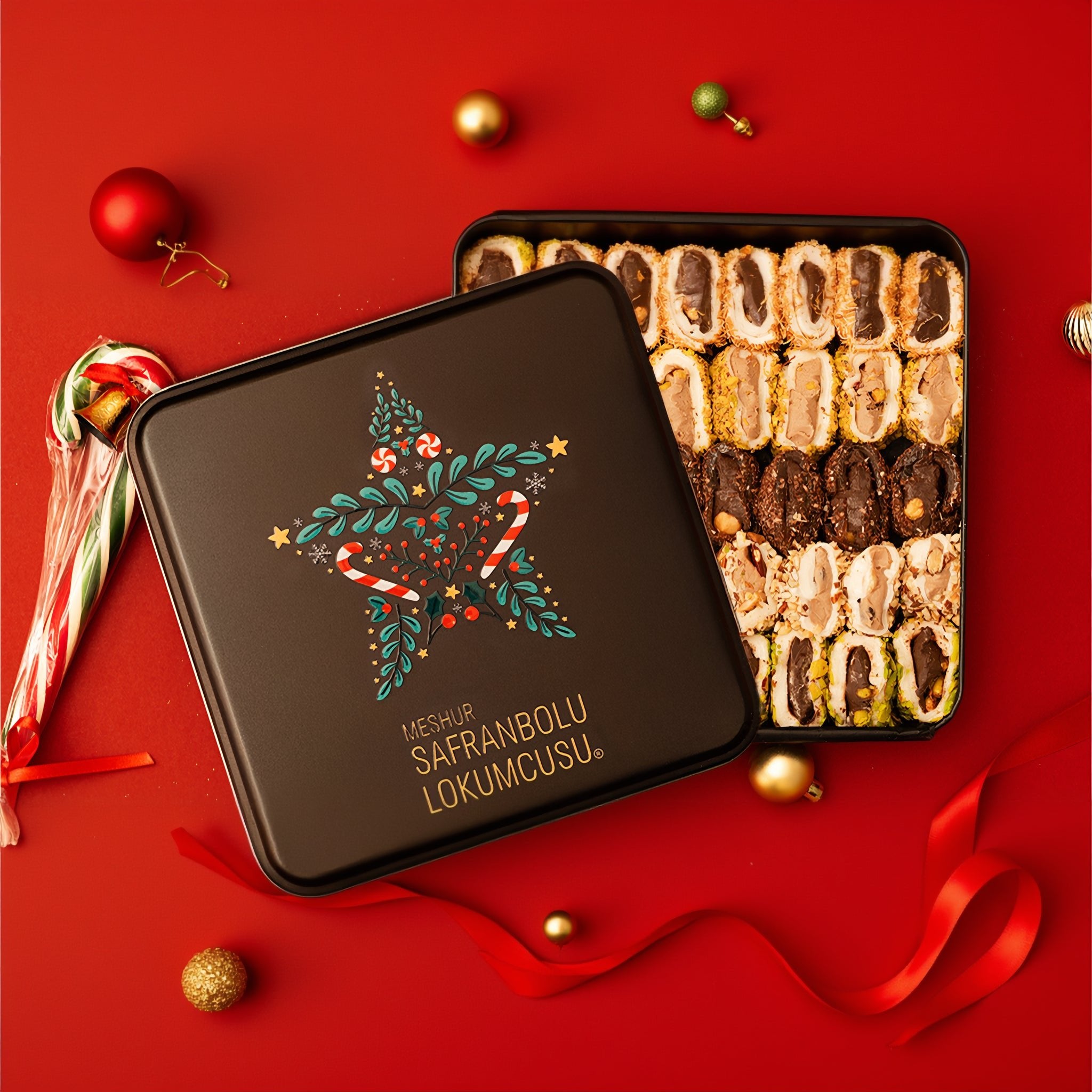 Mixed Wrapped Turkish Delight Metal Box – Assorted Flavors with Pistachio, Hazelnut, Almond & Chocolate – 1000g (35.27 oz) - Exporgin | Türkiye Comes to You