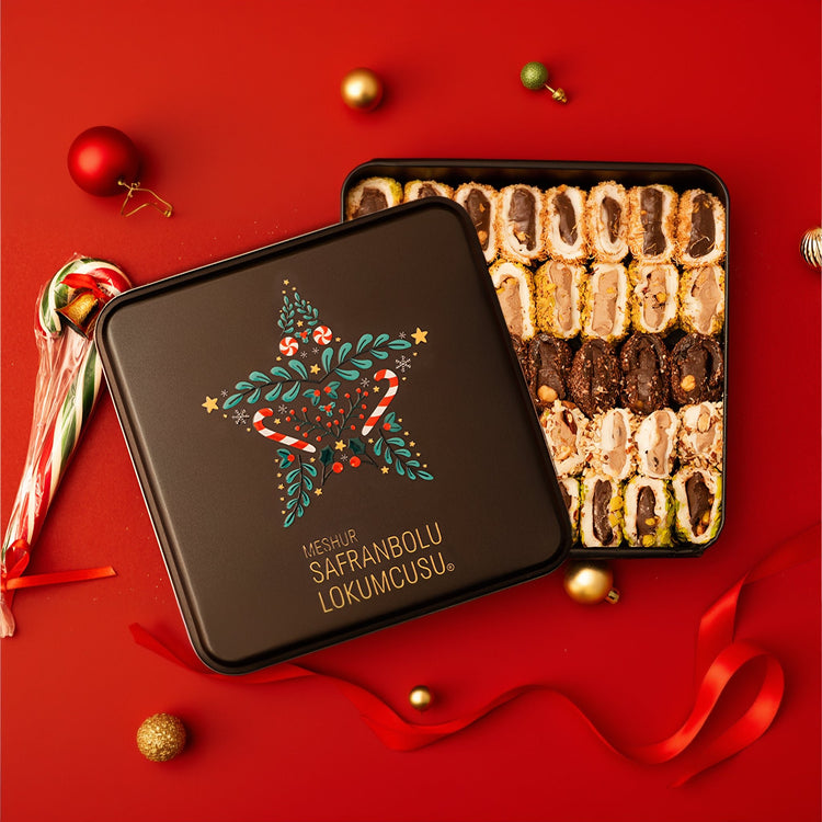 Mixed Wrapped Turkish Delight Metal Box – Assorted Flavors with Pistachio, Hazelnut, Almond & Chocolate – 1000g (35.27 oz) - Exporgin | Türkiye Comes to You